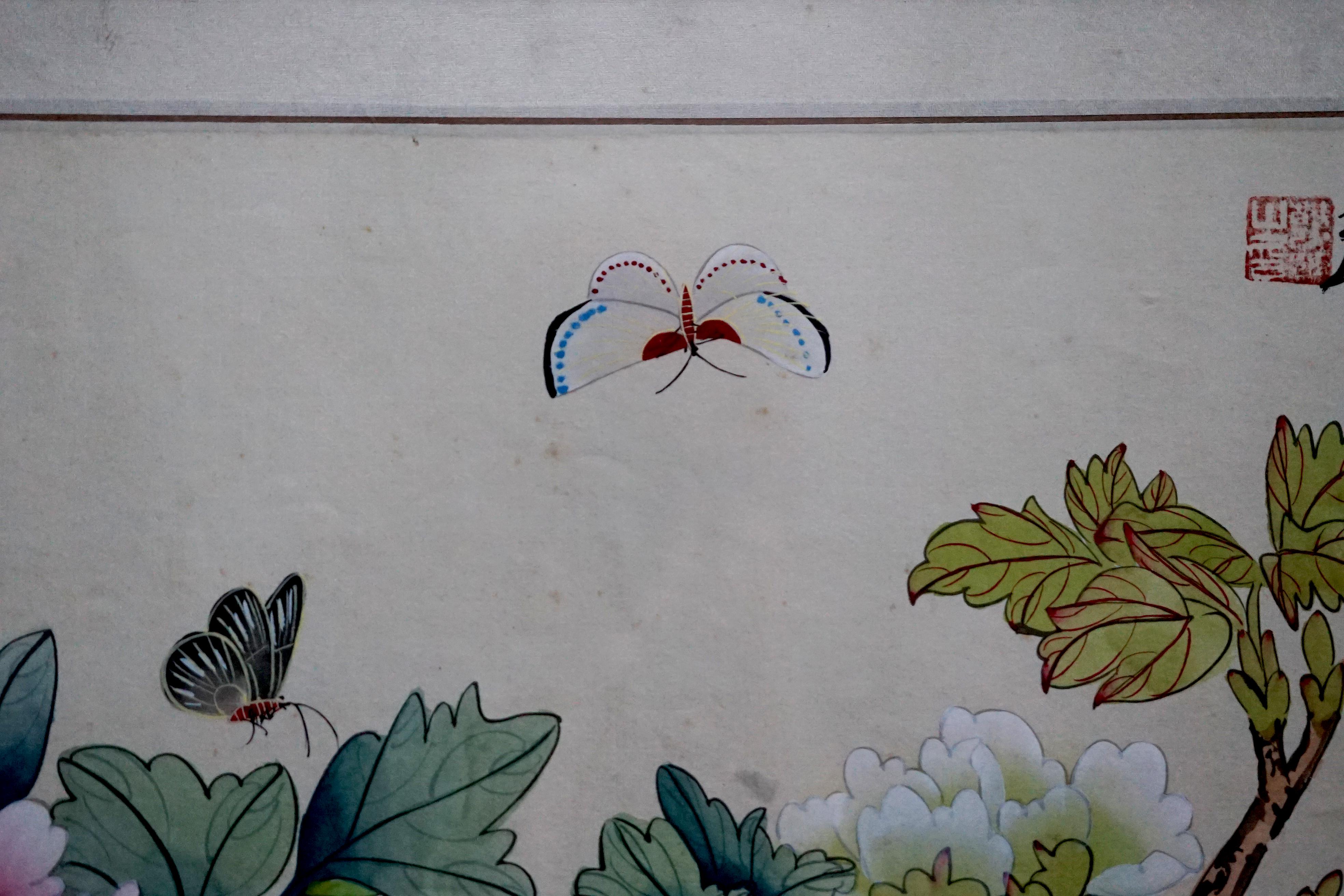 Handgemalte chinesische Aquarell-Gouache-Pfingstrosen mit Schmetterlingen, umwerfend 1950er Jahre im Zustand „Hervorragend“ im Angebot in Lomita, CA