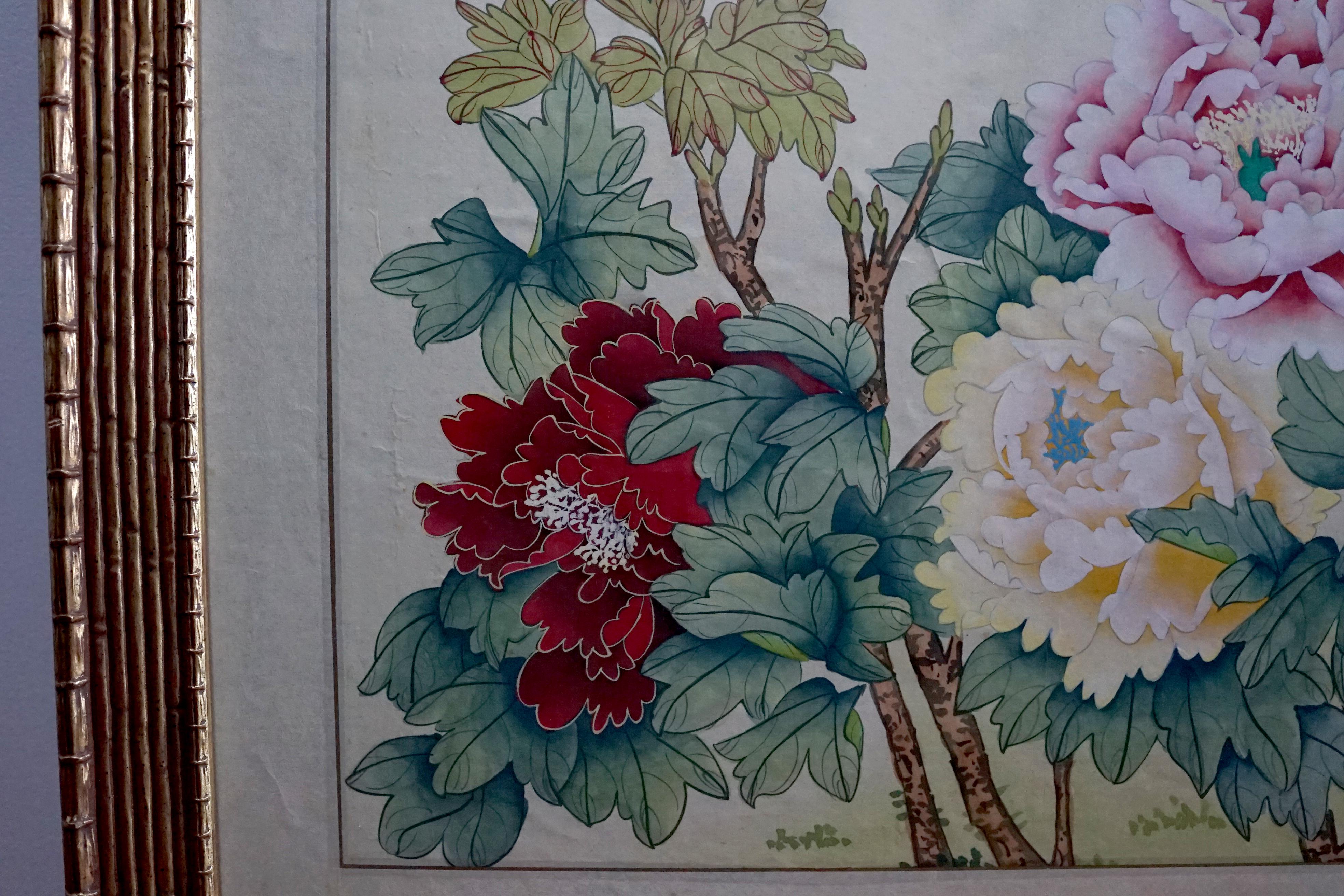 Handgemalte chinesische Aquarell-Gouache-Pfingstrosen mit Schmetterlingen, umwerfend 1950er Jahre (Papier) im Angebot