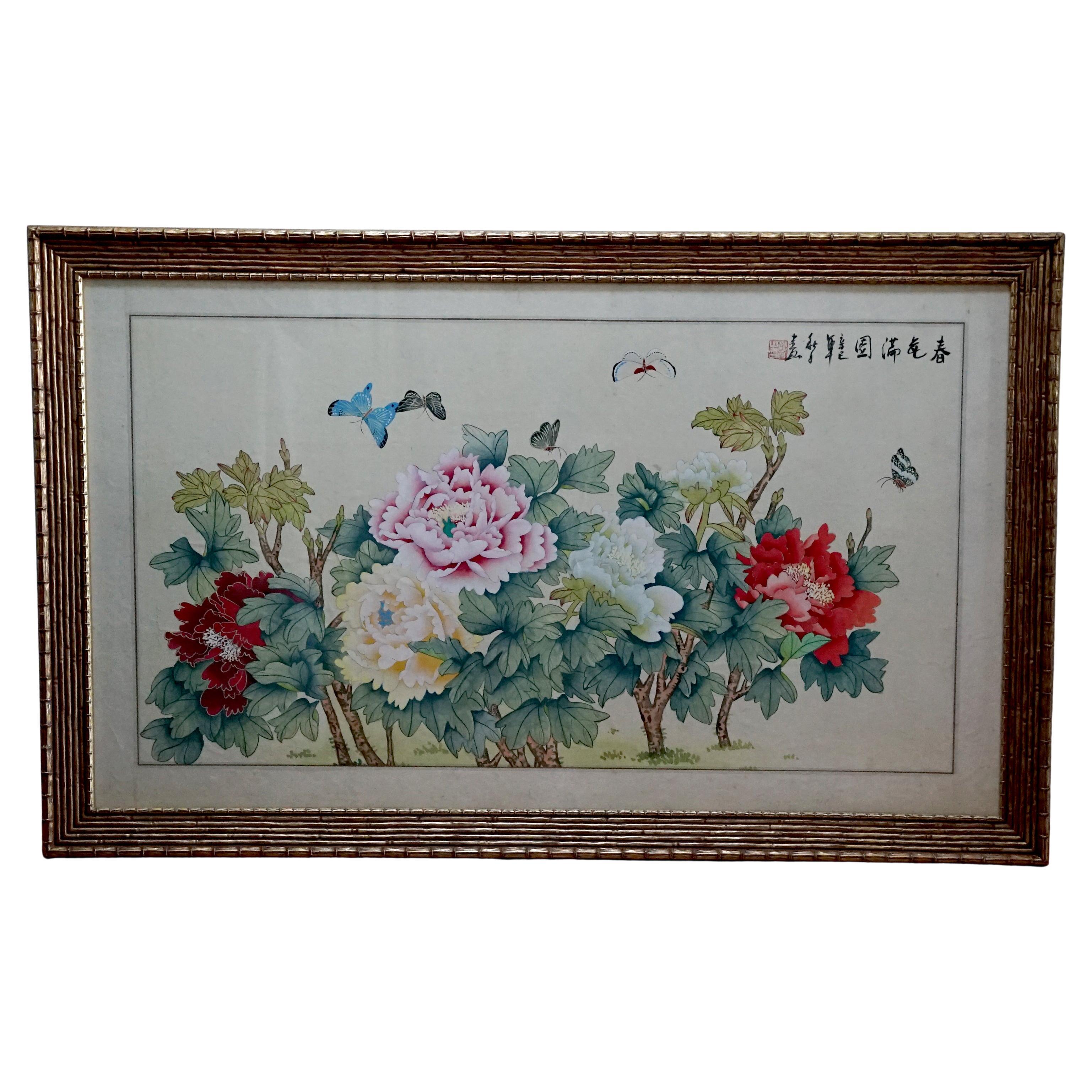 Handgemalte chinesische Aquarell-Gouache-Pfingstrosen mit Schmetterlingen, umwerfend 1950er Jahre