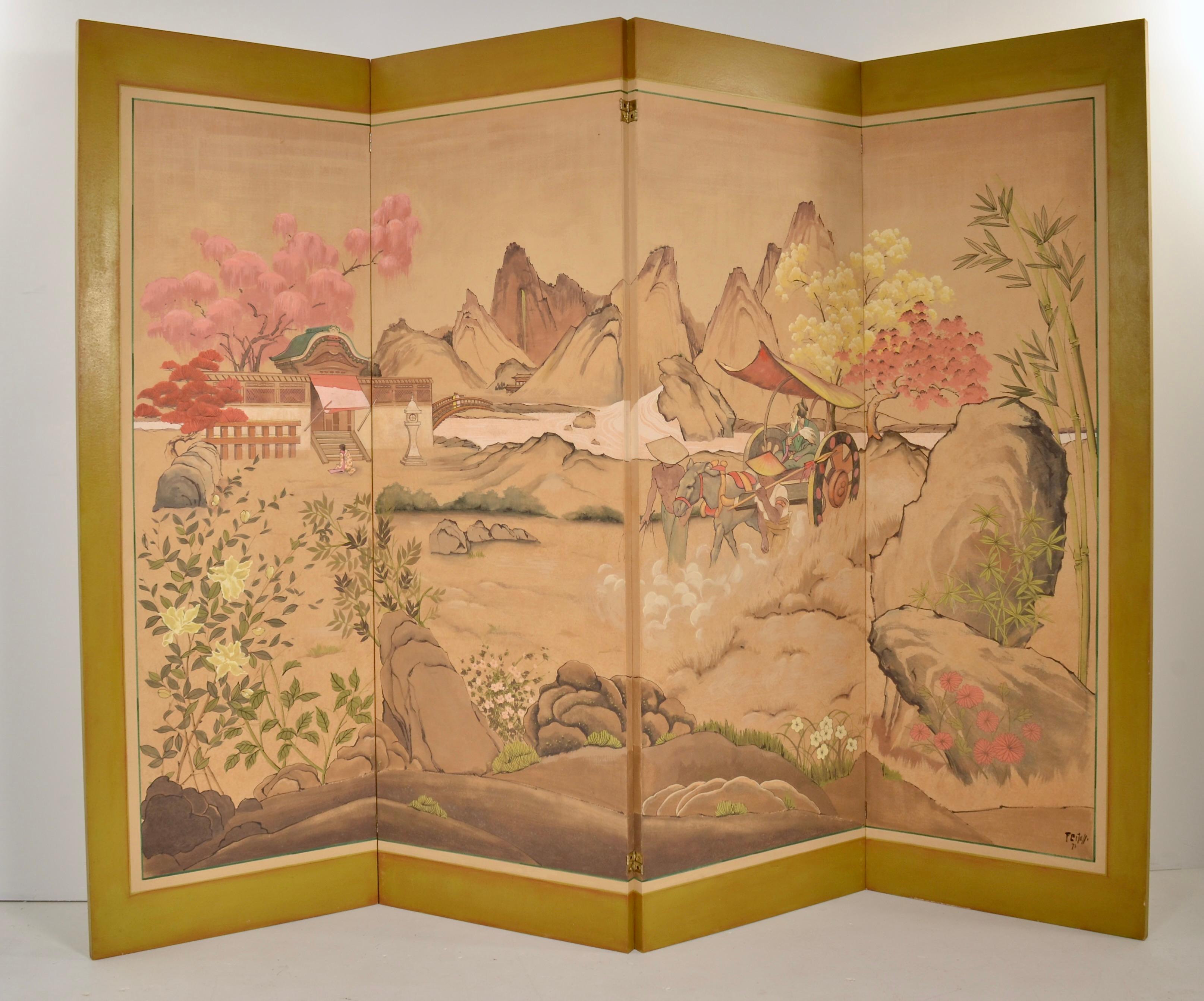 Large and impressive hand painted four panel screen in the chinoiserie style. Featuring rural scenes with traditional mountains and cherry tree background. Signed in the lower right, Feitull; dated '71. This screen is quite substantial with sturdy