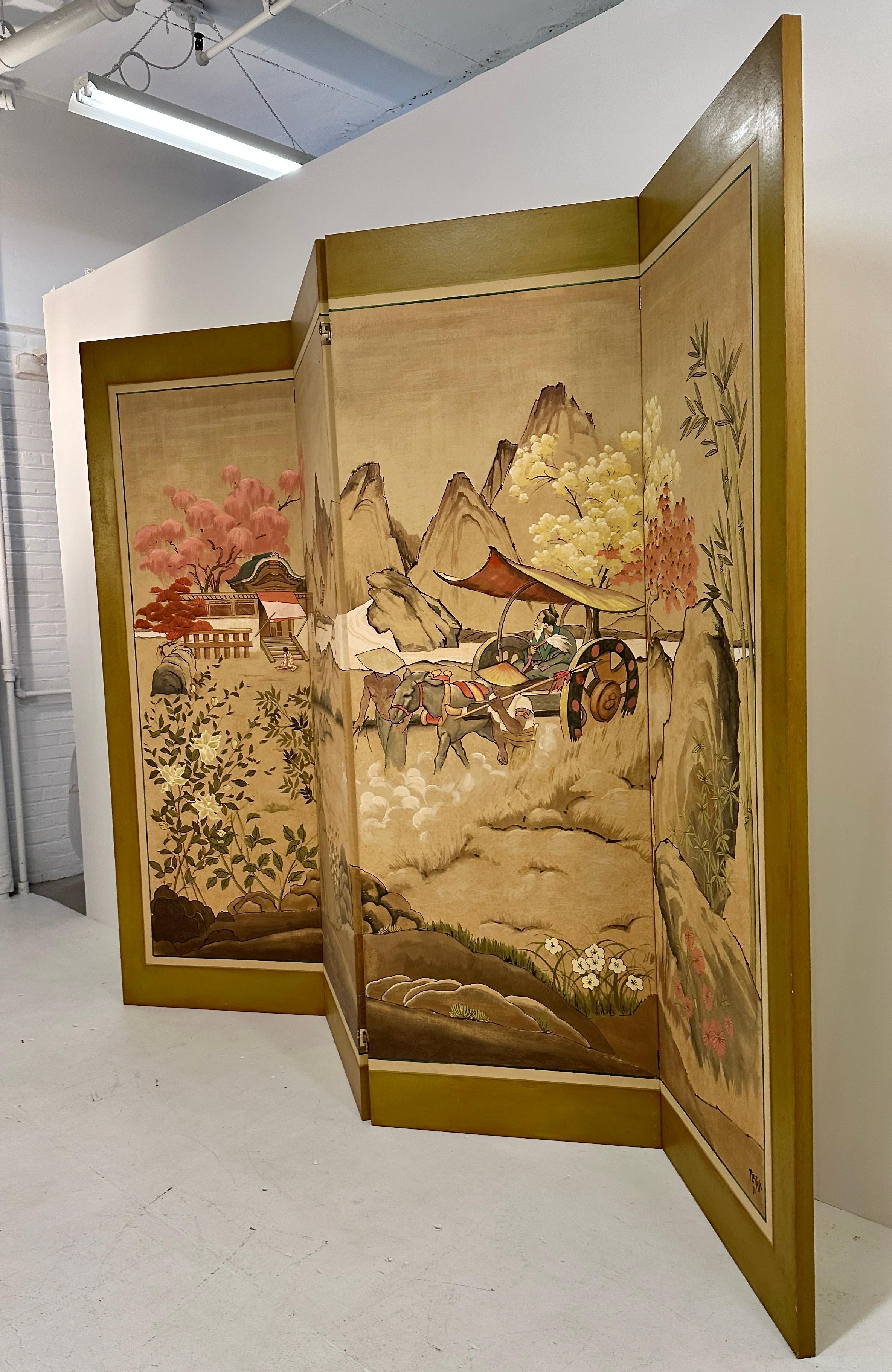 Hand-Painted Hand-painted Chinoiserie 4-panel Screen For Sale