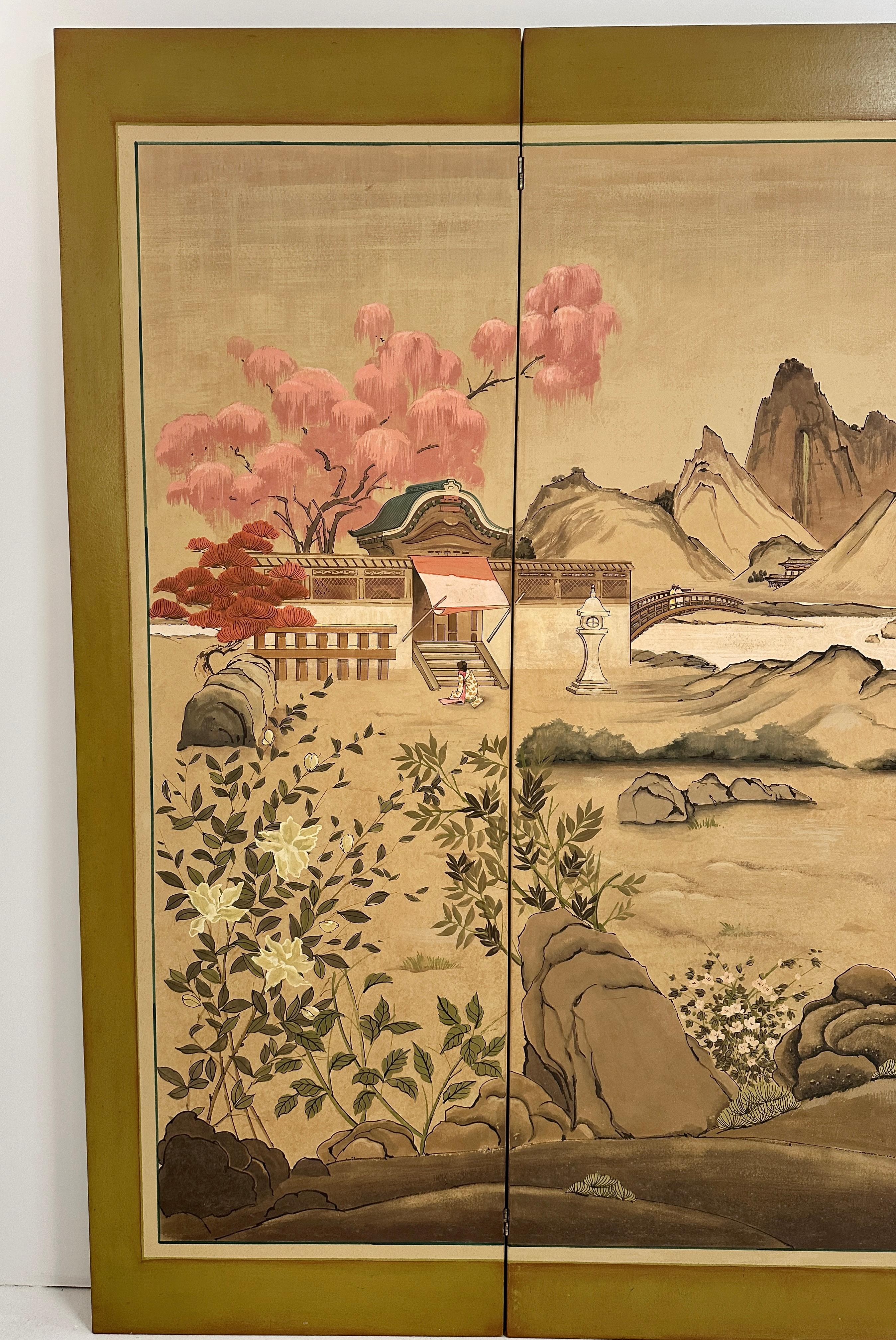 Late 20th Century Hand-painted Chinoiserie 4-panel Screen For Sale