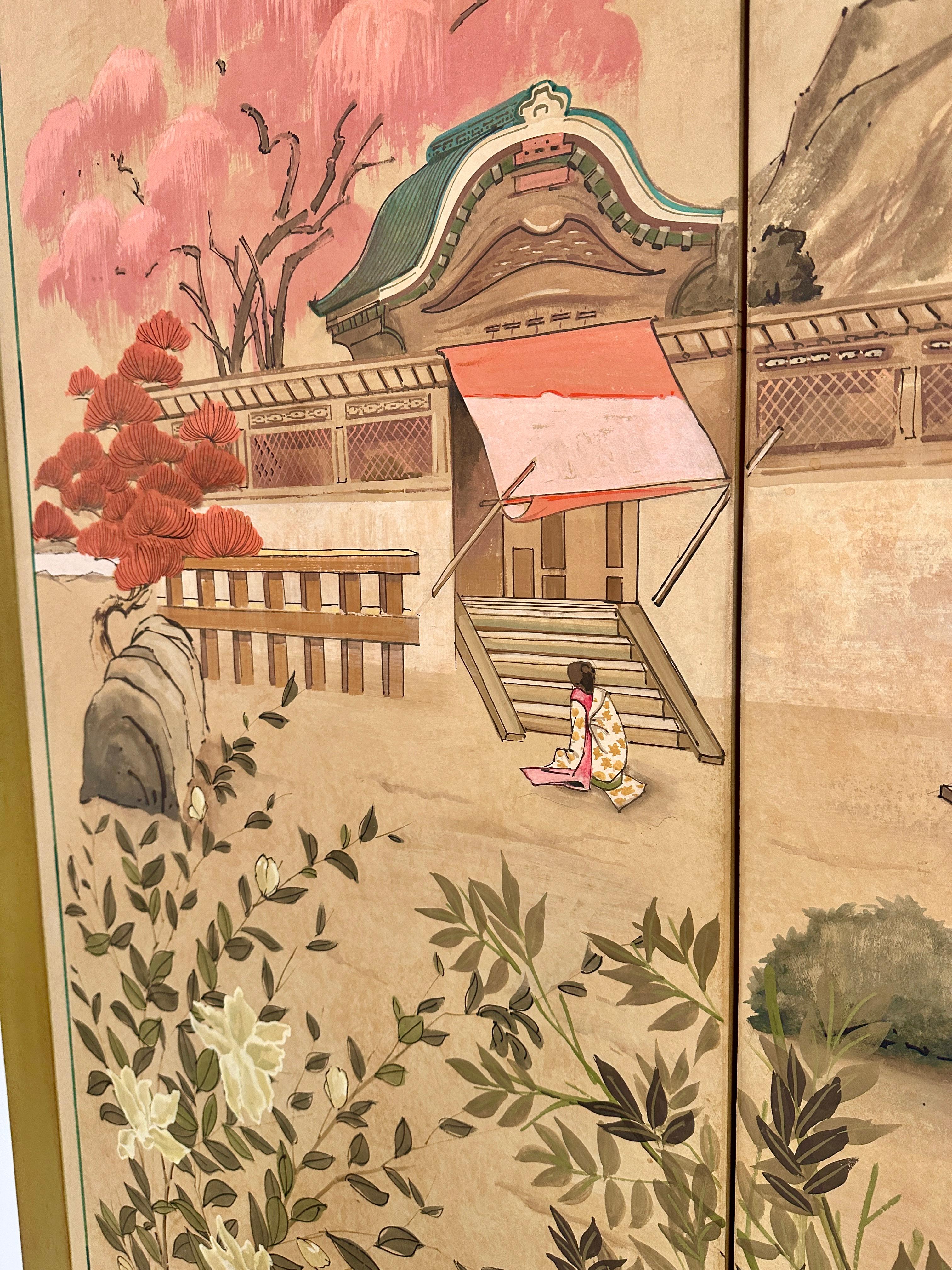 Fabric Hand-painted Chinoiserie 4-panel Screen For Sale