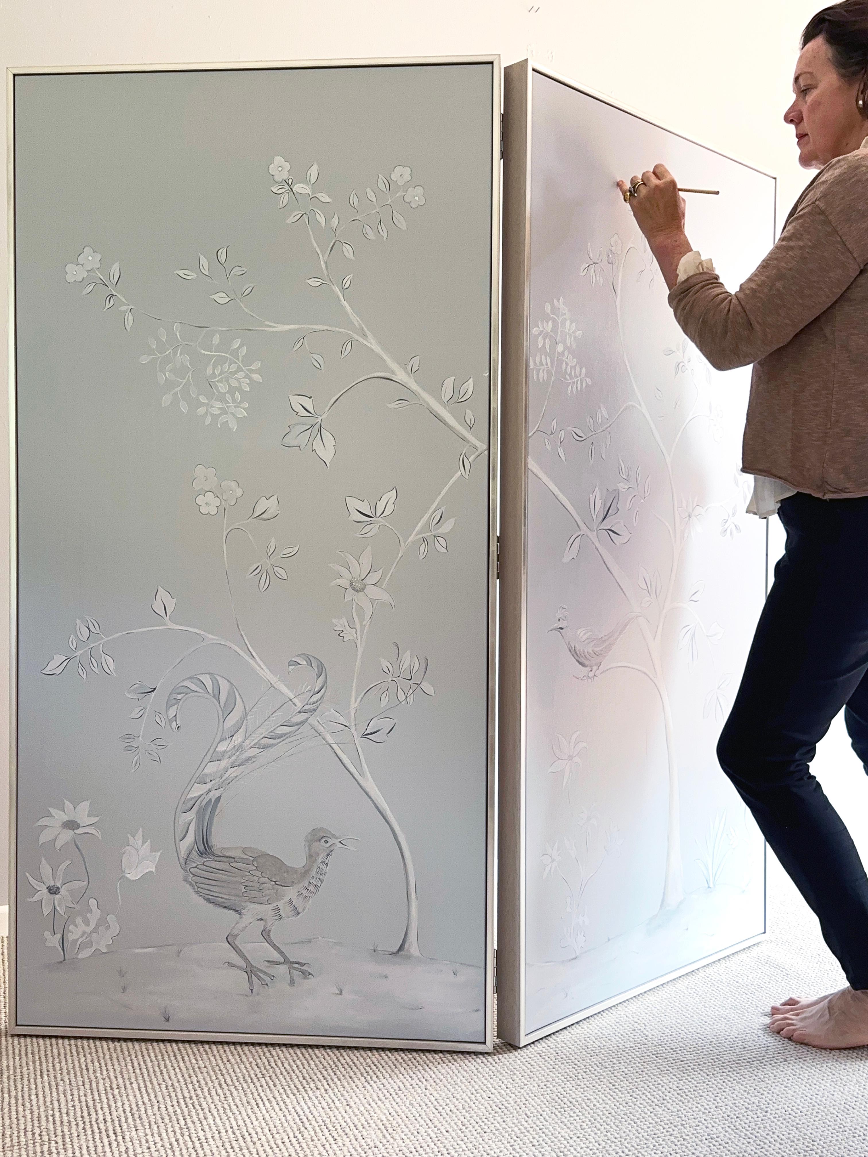 Hand Painted Chinoiserie Bedroom Dressing Screen / Framed Wall Panels For Sale 5