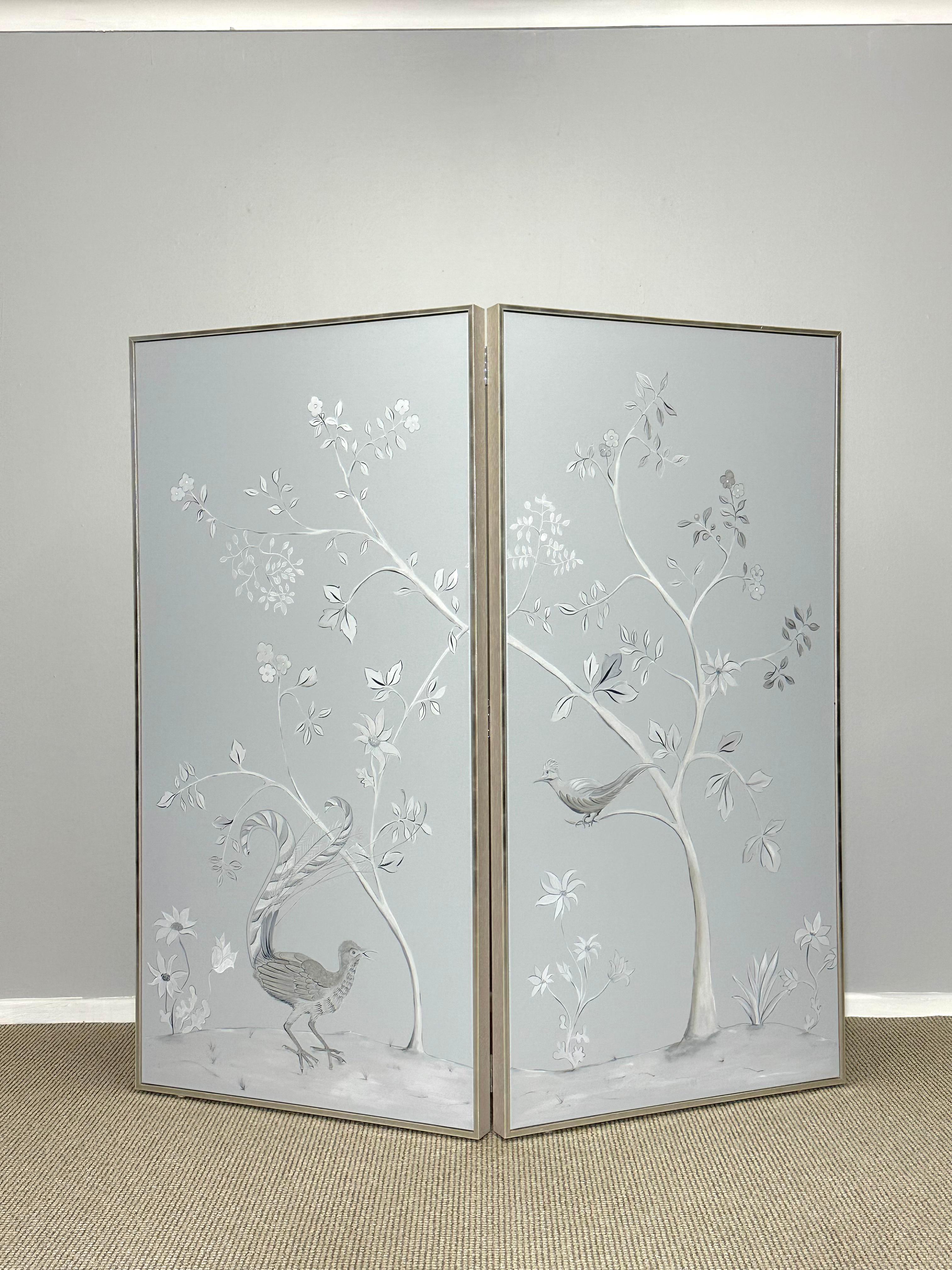 Australian Hand Painted Chinoiserie Bedroom Dressing Screen / Framed Wall Panels For Sale