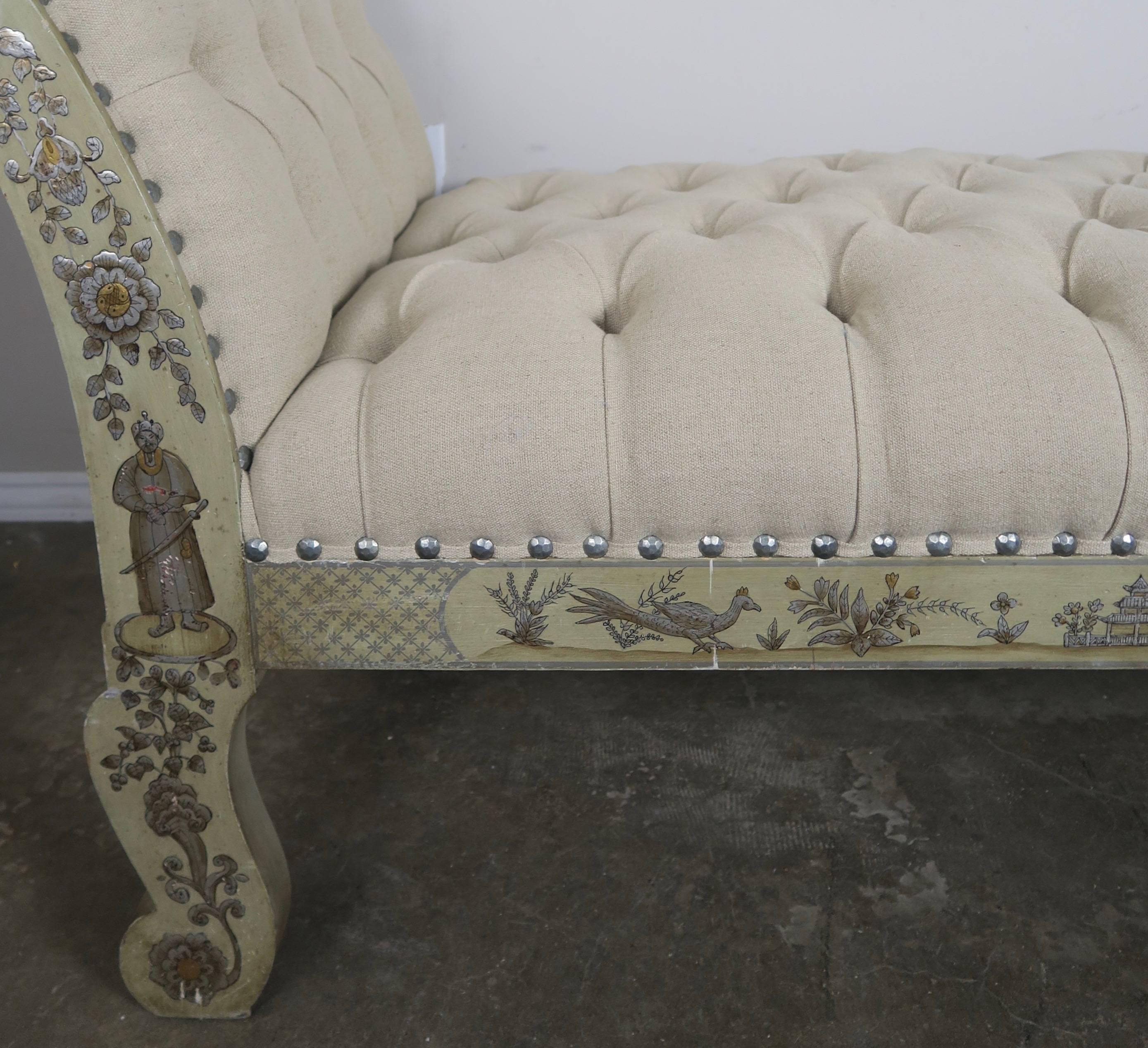 Hand-Painted Chinoiserie Belgium Upholstered Bench 3