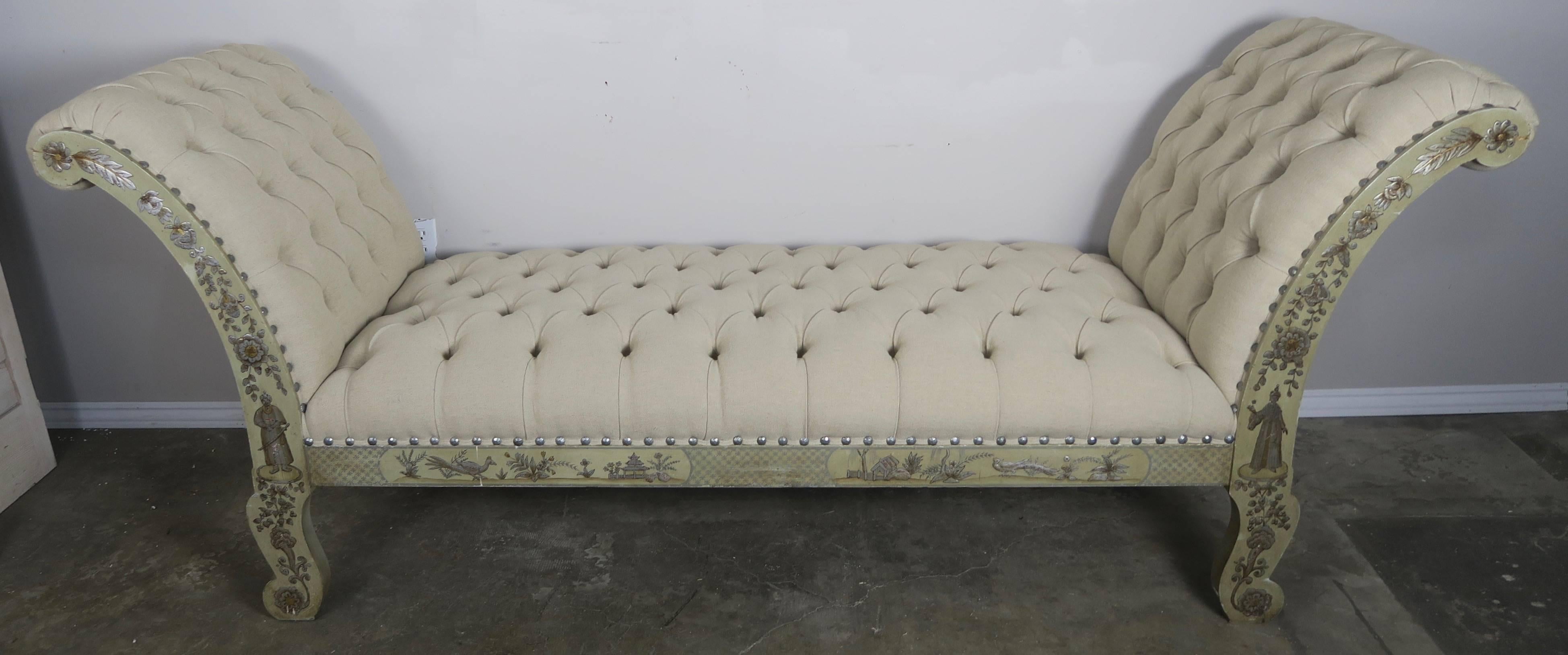 English Hand-Painted Chinoiserie Belgium Upholstered Bench