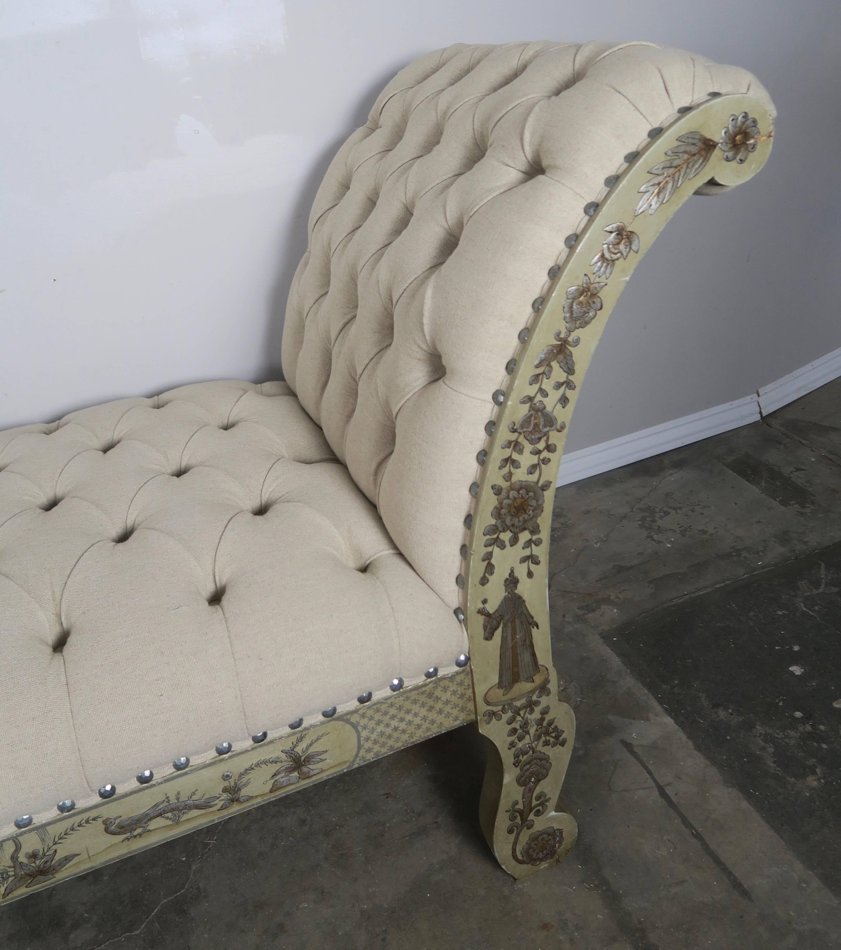 Hand-Painted Chinoiserie Belgium Upholstered Bench In Excellent Condition In Los Angeles, CA