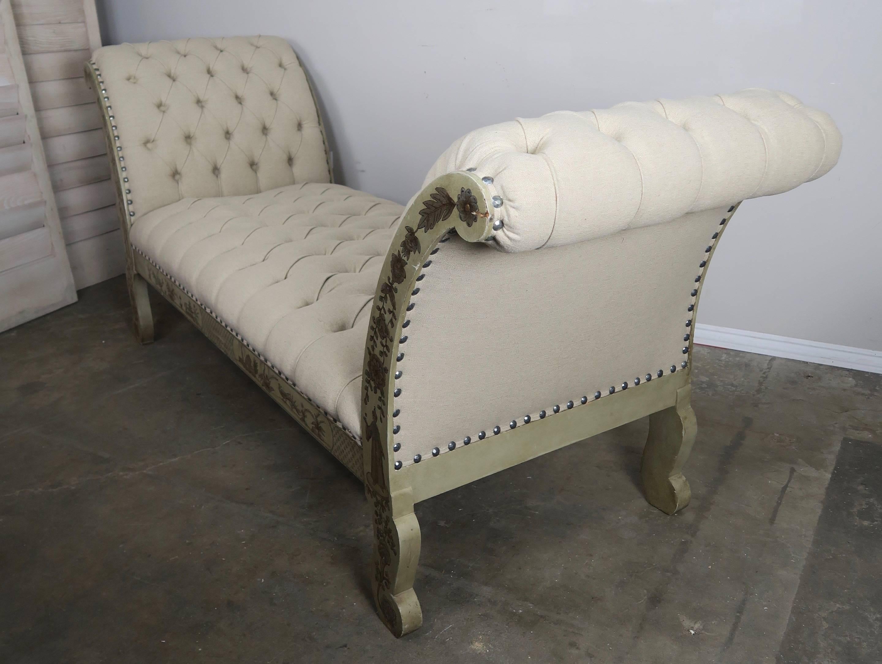 20th Century Hand-Painted Chinoiserie Belgium Upholstered Bench