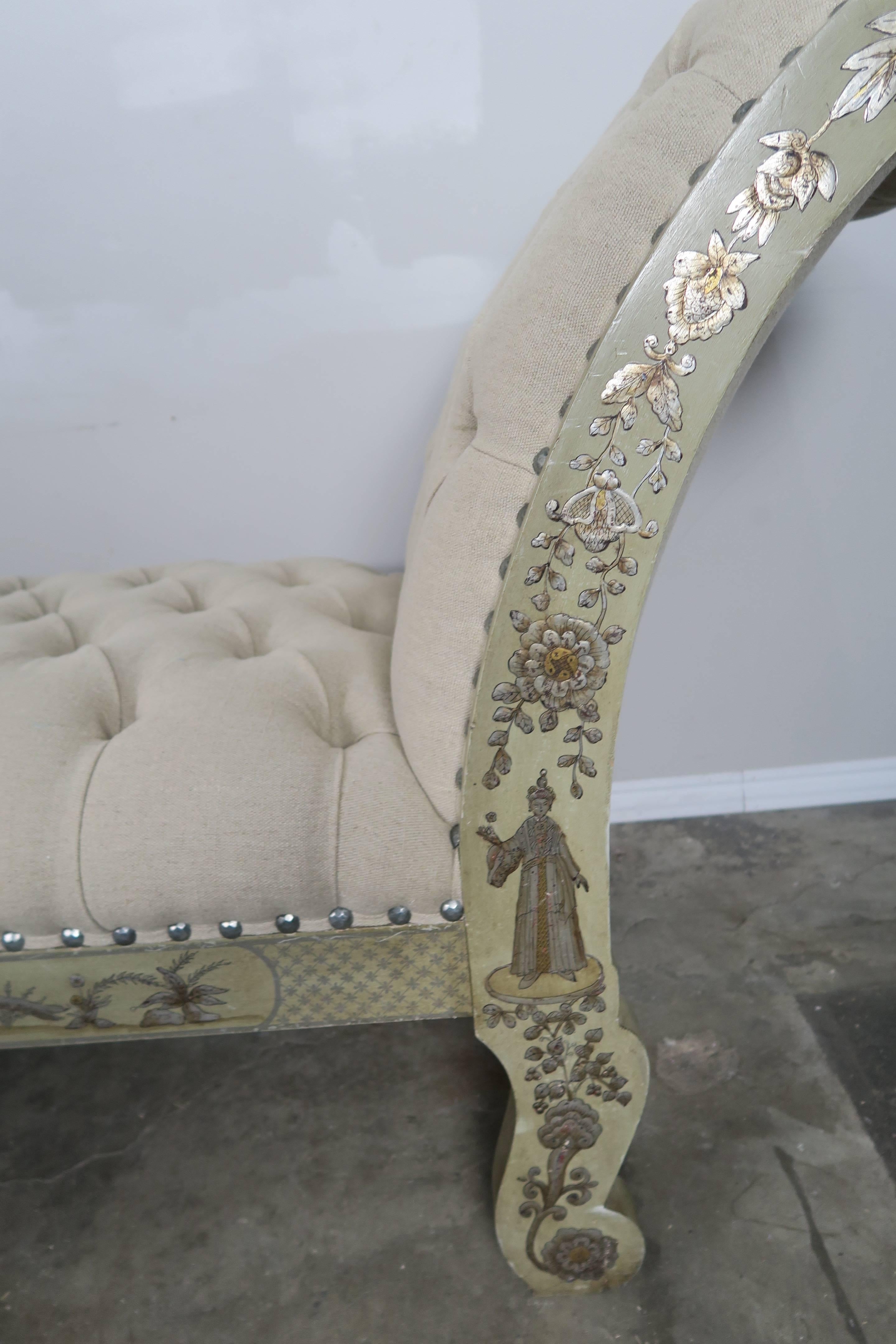 Linen Hand-Painted Chinoiserie Belgium Upholstered Bench