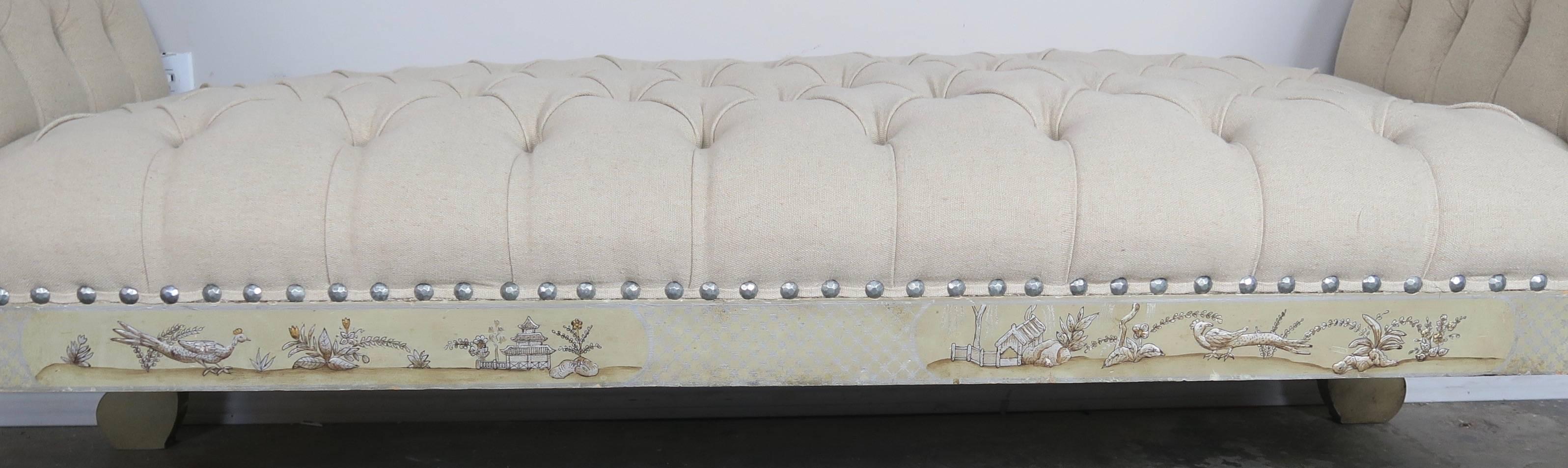 Hand-Painted Chinoiserie Belgium Upholstered Bench 1