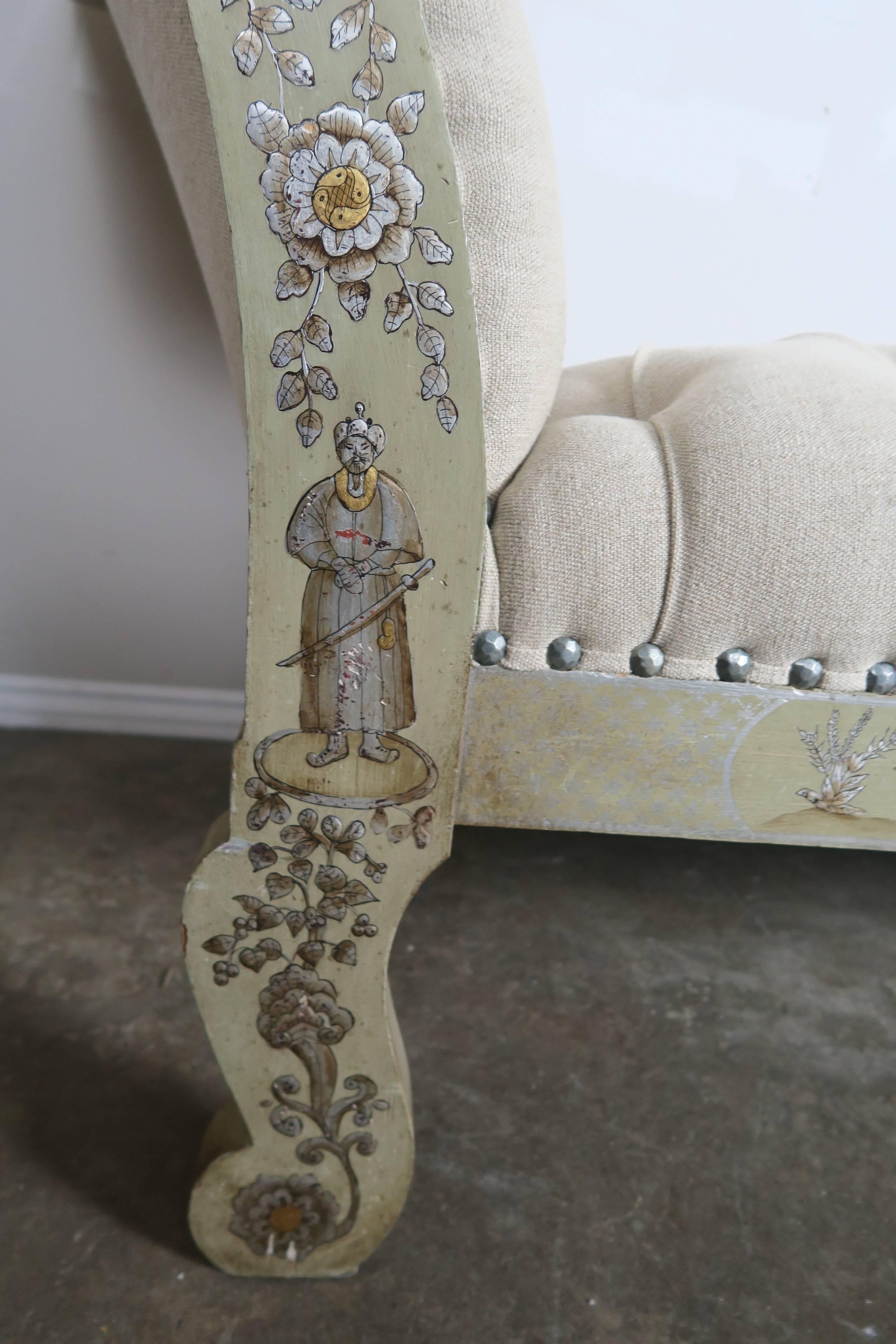 Hand-Painted Chinoiserie Belgium Upholstered Bench 2