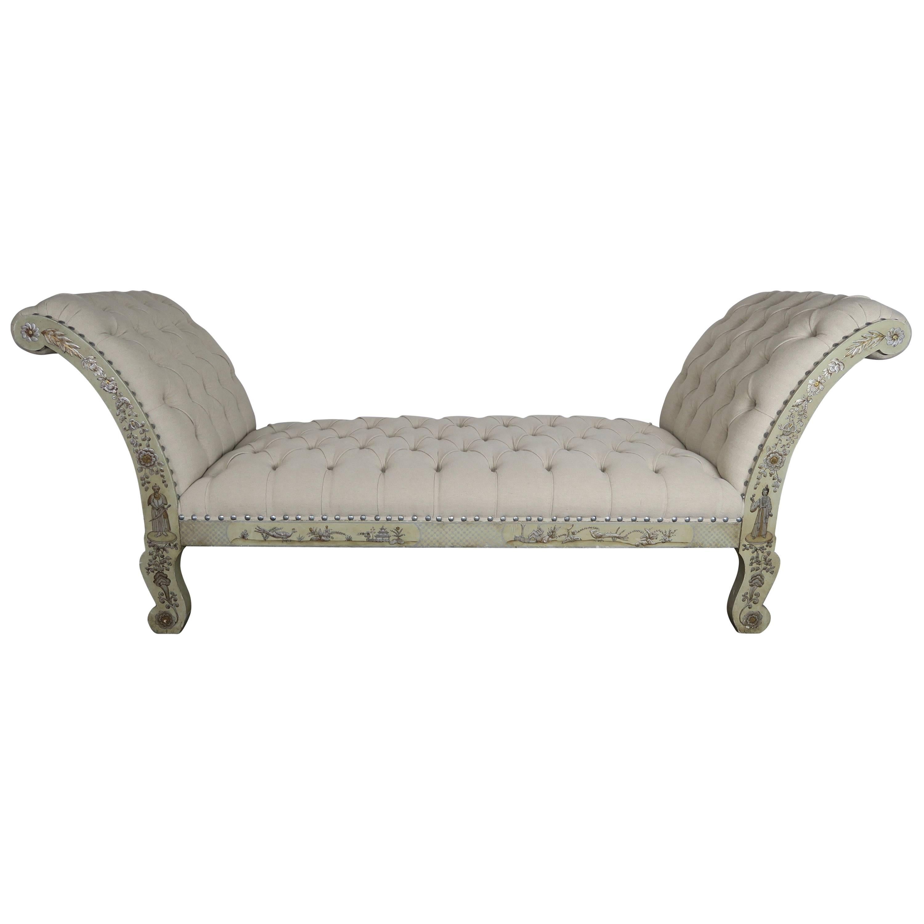 Hand-Painted Chinoiserie Belgium Upholstered Bench