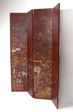 Biombo Chinoiserie Pintado a Mano en Asombroso Color Rojo Chino Profundo