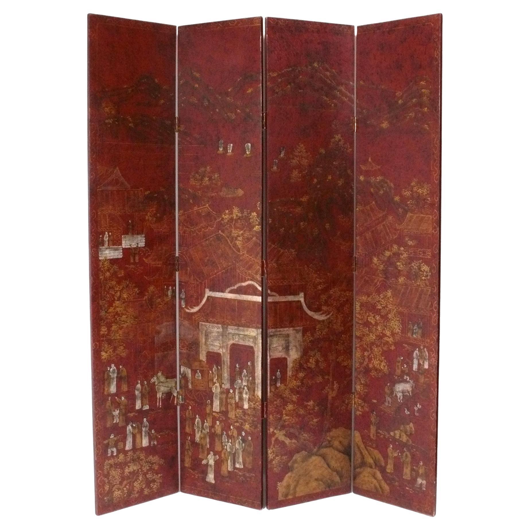 Hand Painted Chinoiserie Folding Screen in Amazing Deep Chinese Red Color For Sale