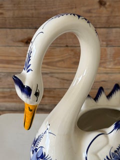 Hand-Painted Chinoiserie Portuguese Blue & White Swan Planter / Cachepot