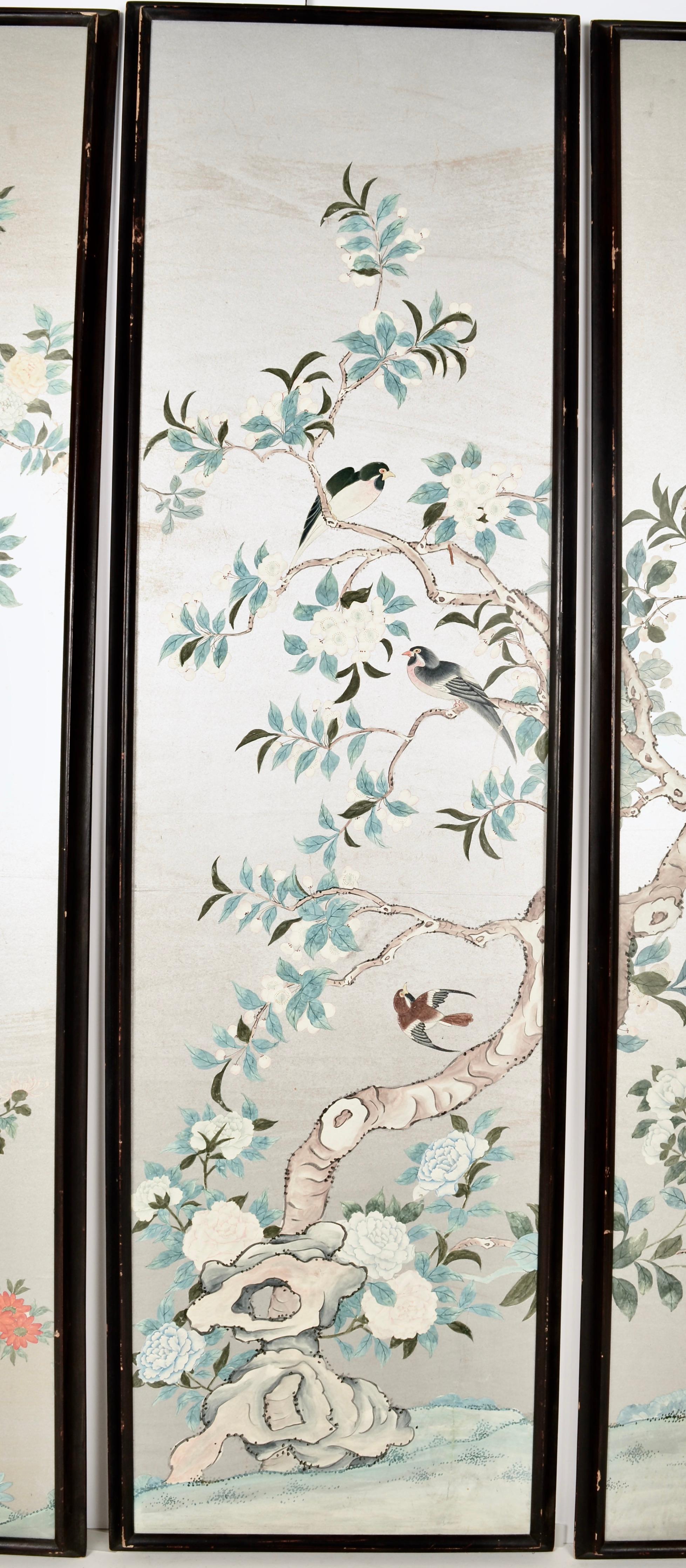 Chinese Hand-Painted Chinoiserie Wall Paper Panels, circa 1950s
