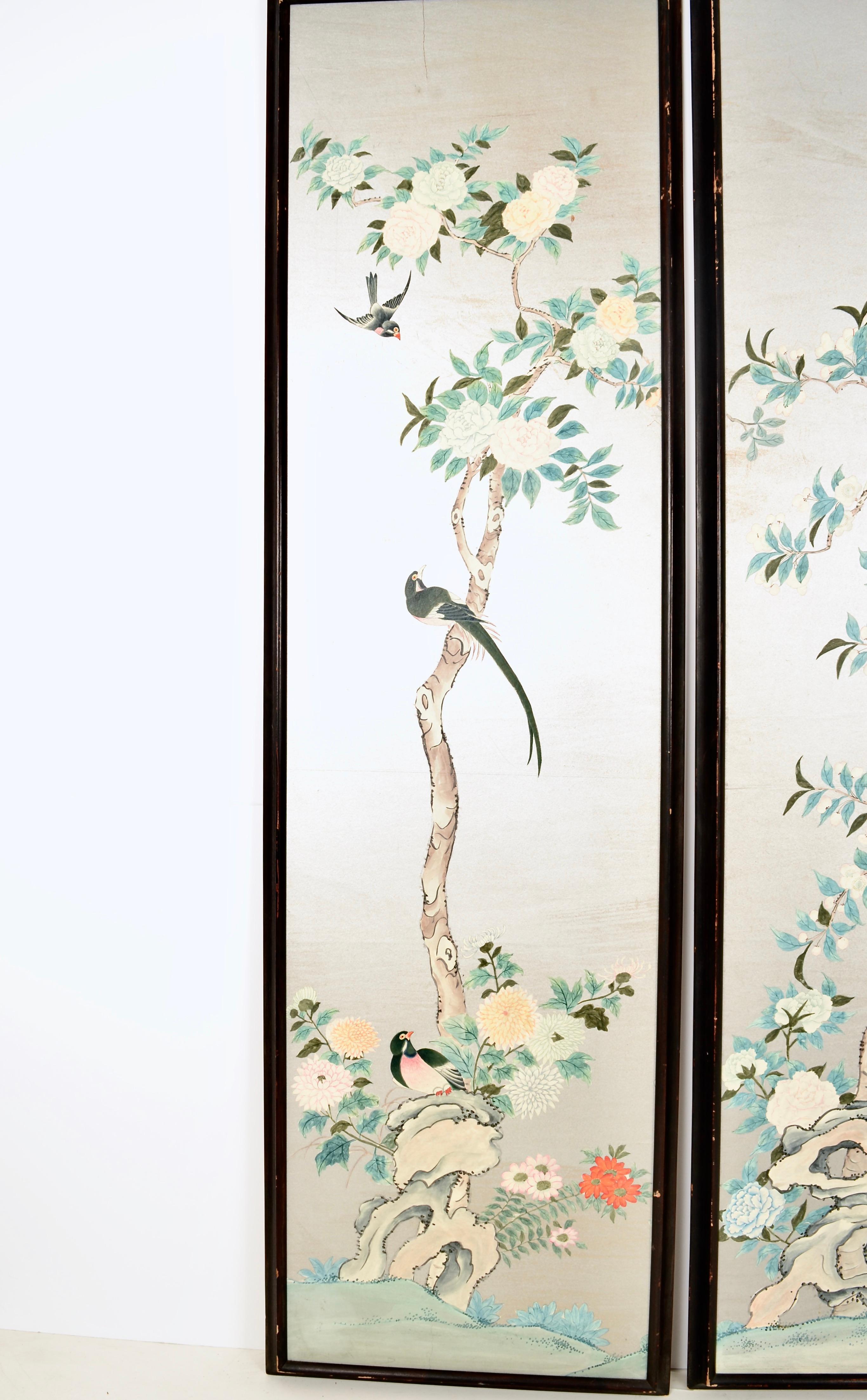 Hand-Painted Chinoiserie Wall Paper Panels, circa 1950s In Good Condition In Norwalk, CT
