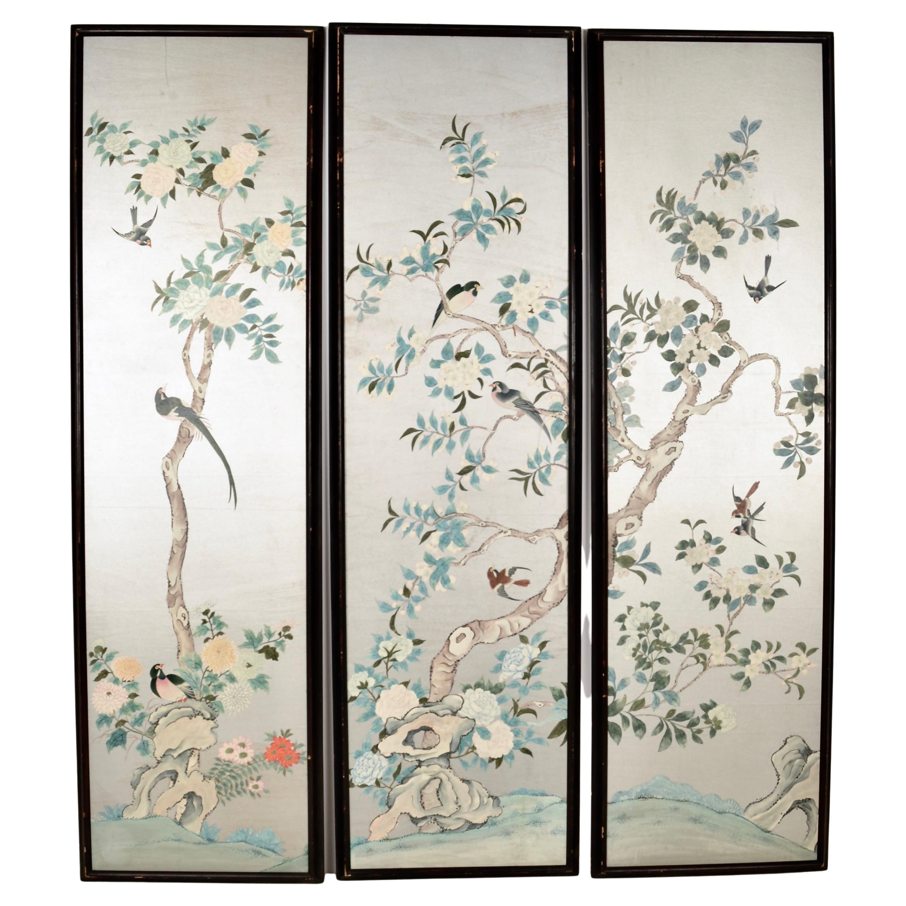 Hand-Painted Chinoiserie Wall Paper Panels, circa 1950s