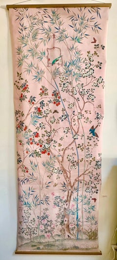 Hand-painted Chinoiserie Wallpaper Panel, Pale Pink background, Likely Gracie