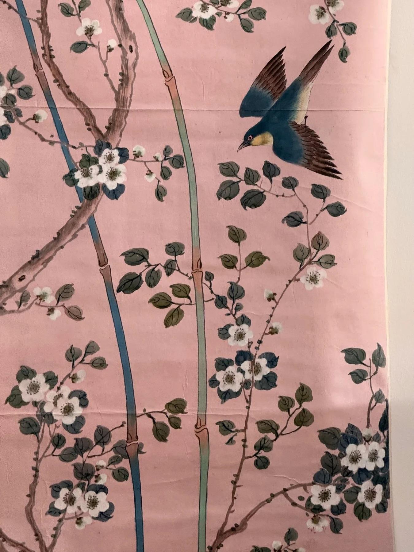 Unknown Hand-painted Chinoiserie Wallpaper Panel, Pale Pink background, Likely Gracie For Sale