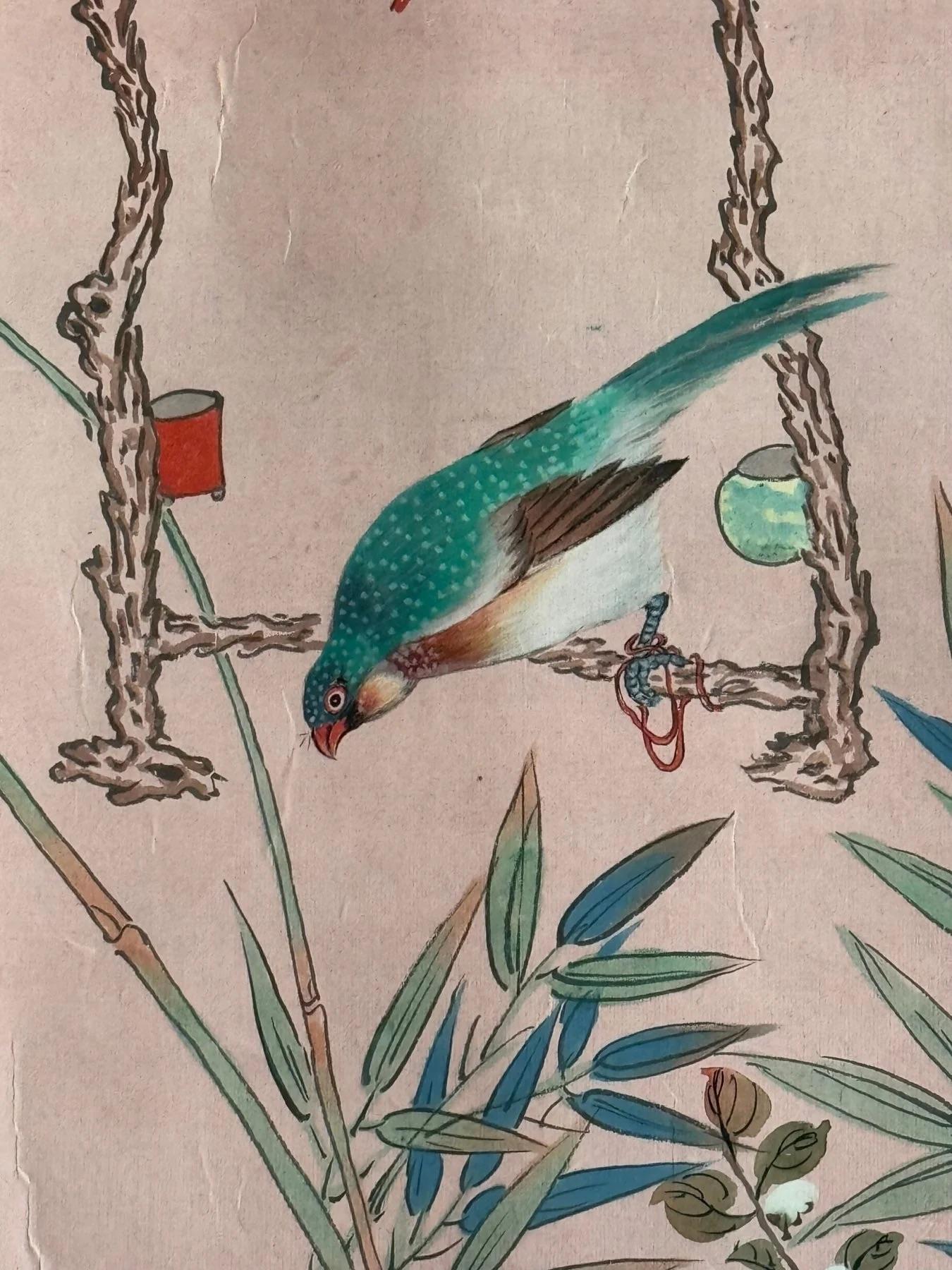 Hand-painted Chinoiserie Wallpaper Panel, Pale Pink background, Likely Gracie In Good Condition For Sale In Charlottesville, VA