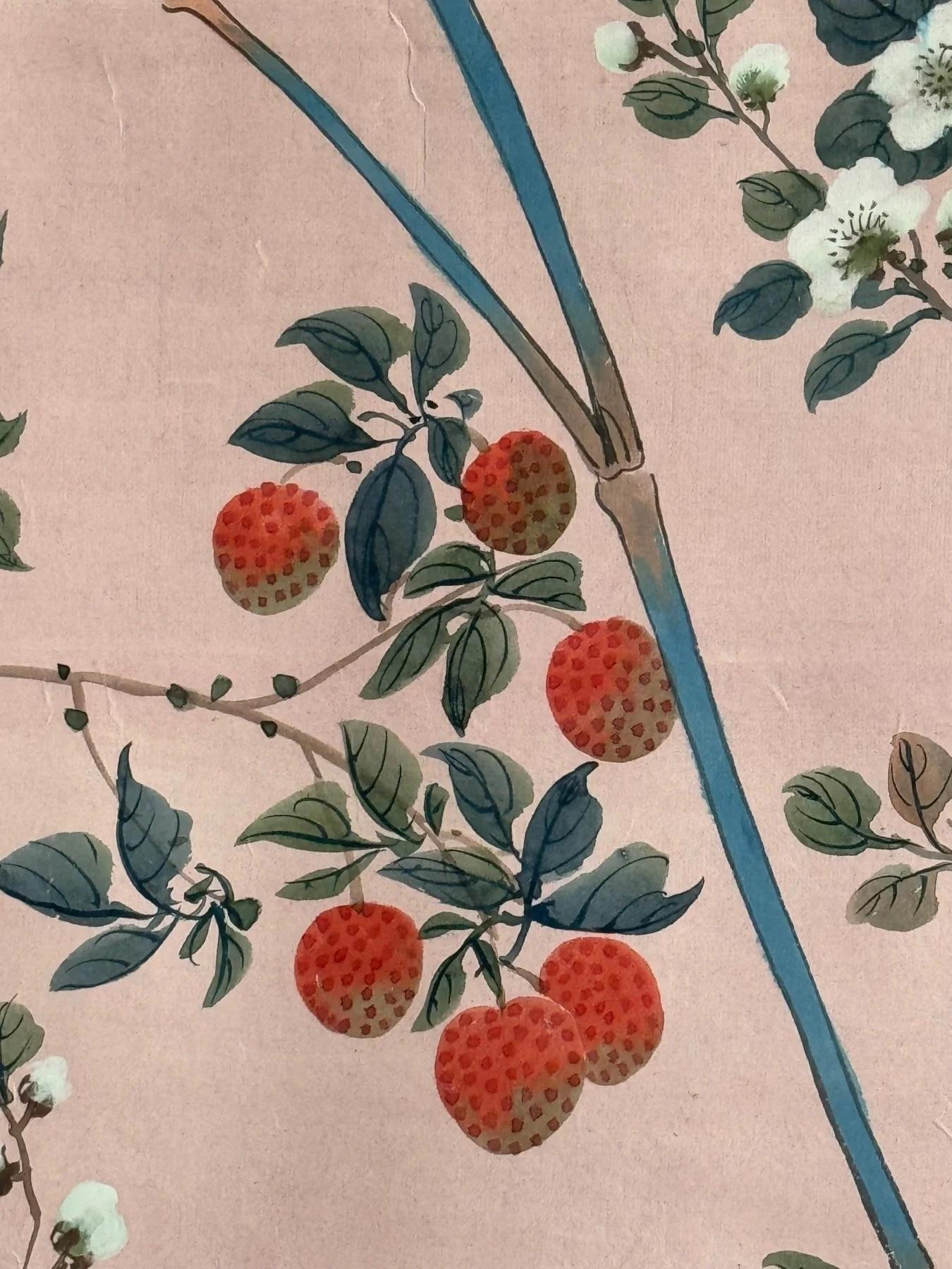20th Century Hand-painted Chinoiserie Wallpaper Panel, Pale Pink background, Likely Gracie For Sale