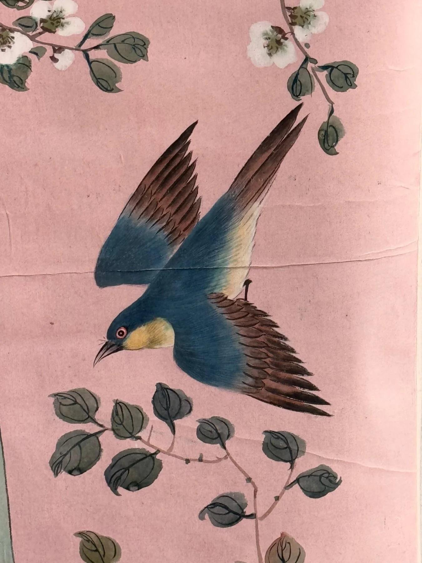 Canvas Hand-painted Chinoiserie Wallpaper Panel, Pale Pink background, Likely Gracie For Sale