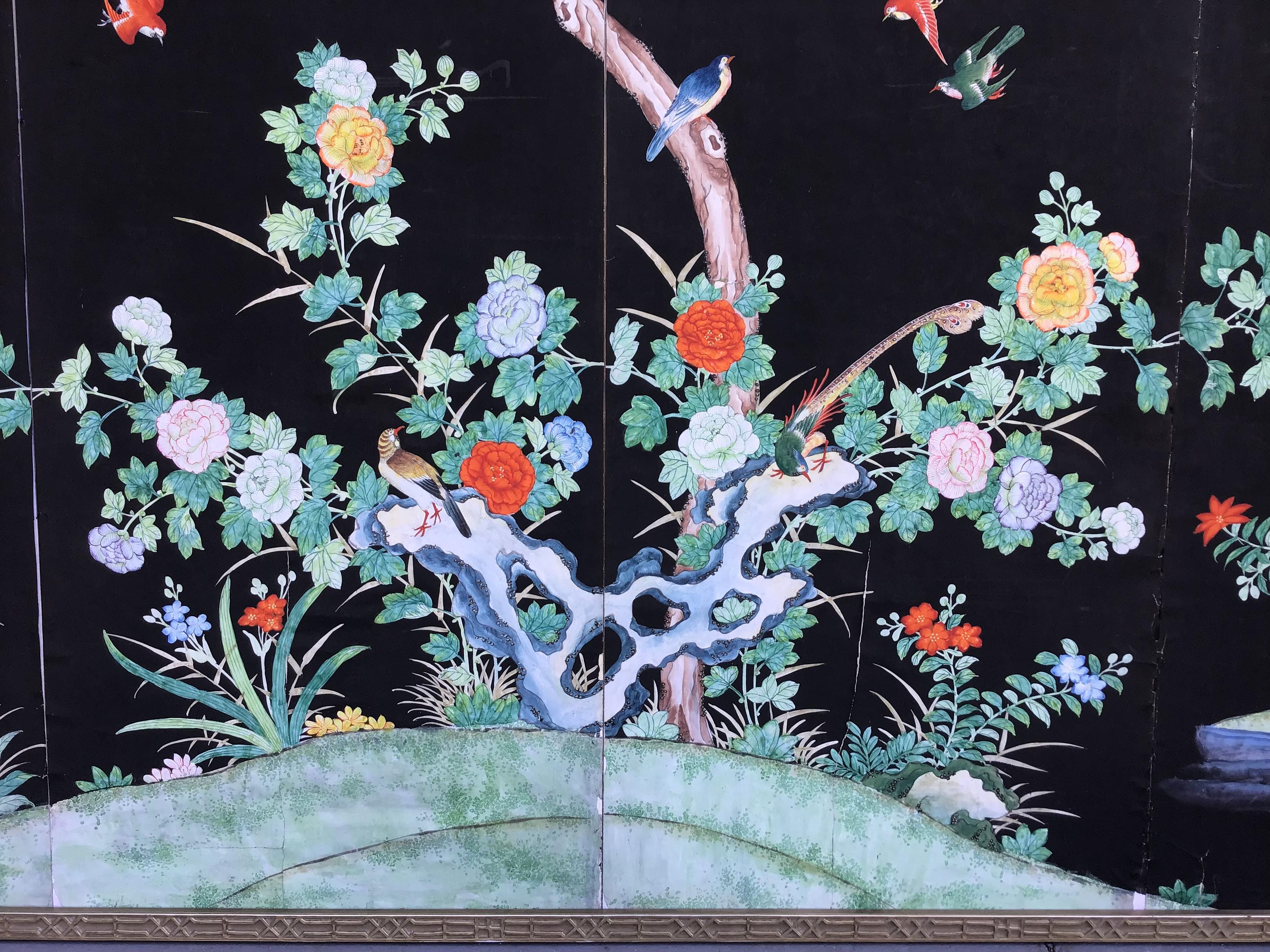 Set of four large modern midcentury wallpaper panels mounted together and framed as one panel. Attributed to Gracie, 
The front featuring a classic, hand painted design of birds (including magpies, kingfishers and pheasants) among branches of