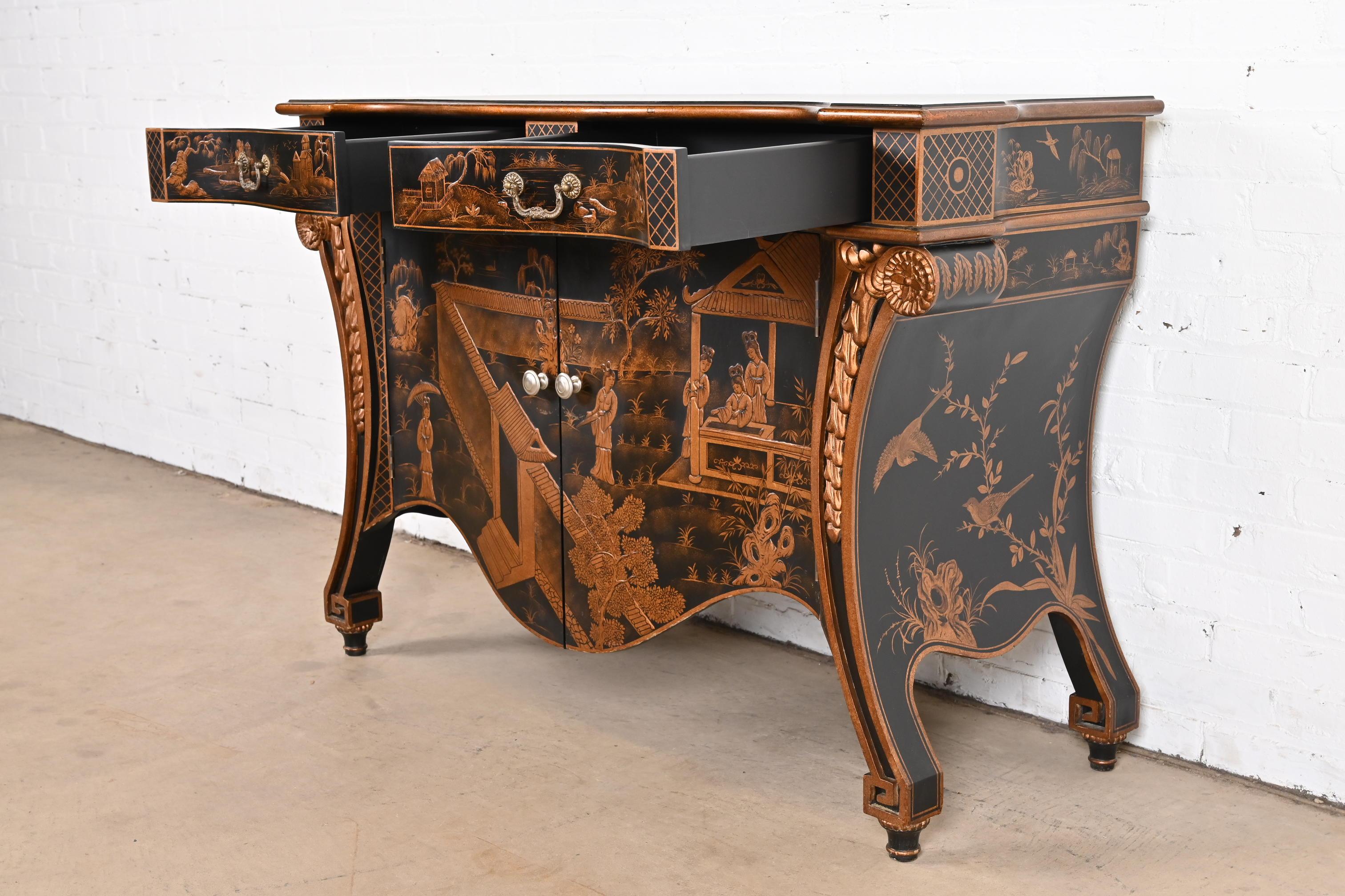 Hand Painted Chippendale Chinoiserie Commode in Black Lacquer 5