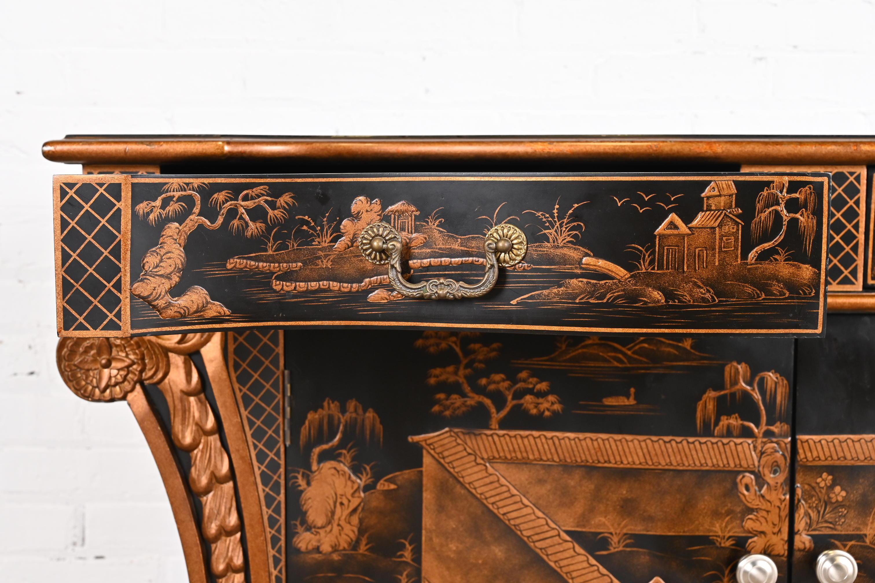 Hand Painted Chippendale Chinoiserie Commode in Black Lacquer 7