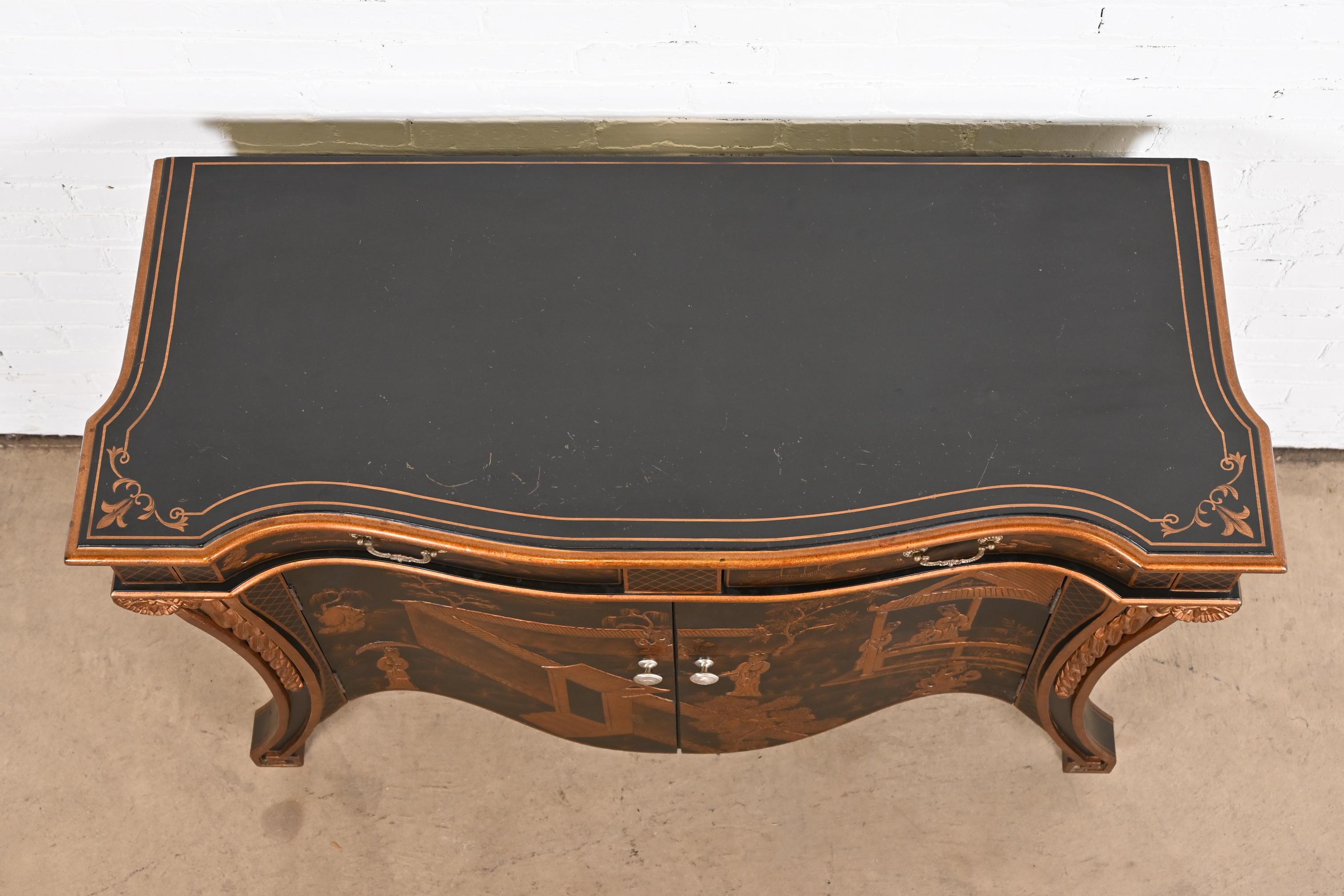 Hand Painted Chippendale Chinoiserie Commode in Black Lacquer 11