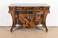 Hand Painted Chippendale Chinoiserie Commode in Black Lacquer