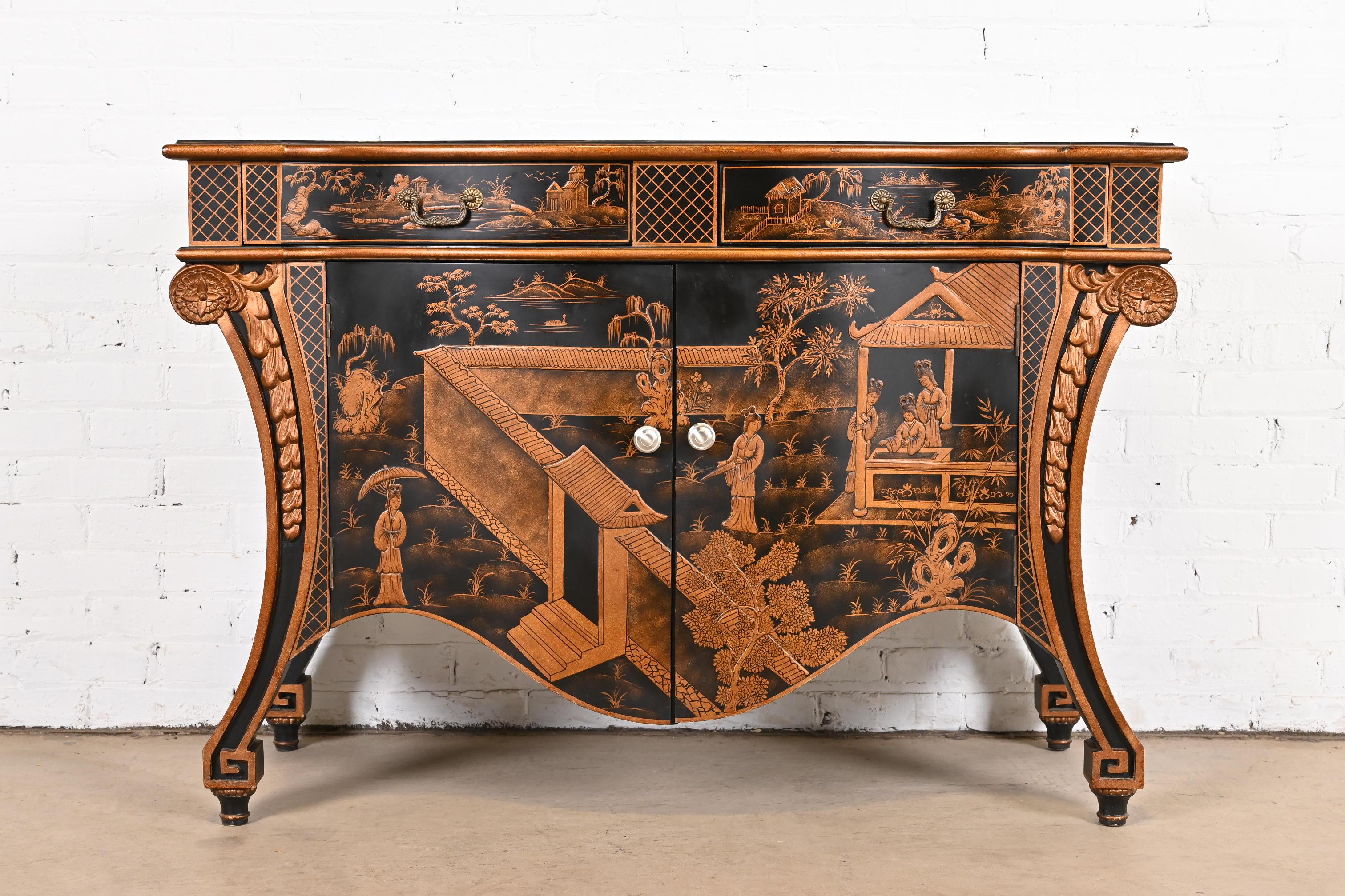 Hand Painted Chippendale Chinoiserie Commode in Black Lacquer In Good Condition In South Bend, IN