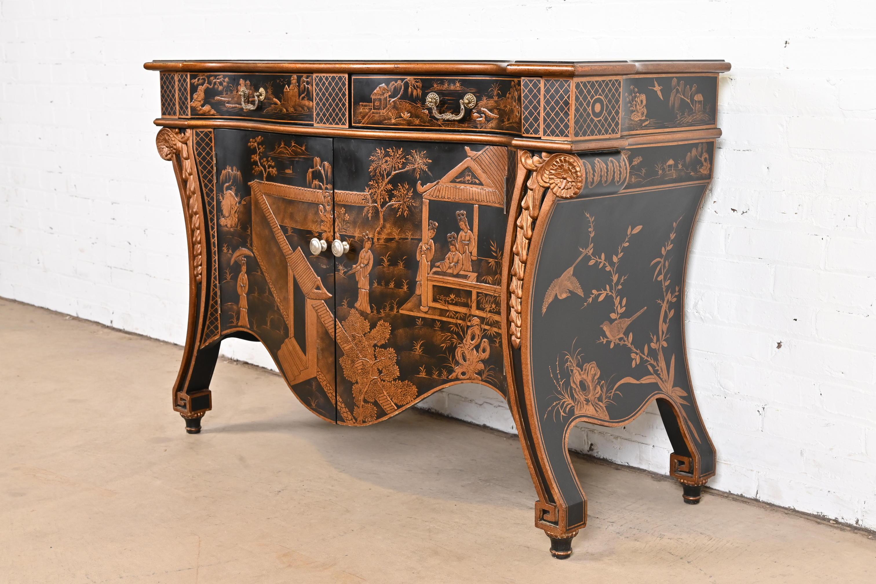 20th Century Hand Painted Chippendale Chinoiserie Commode in Black Lacquer