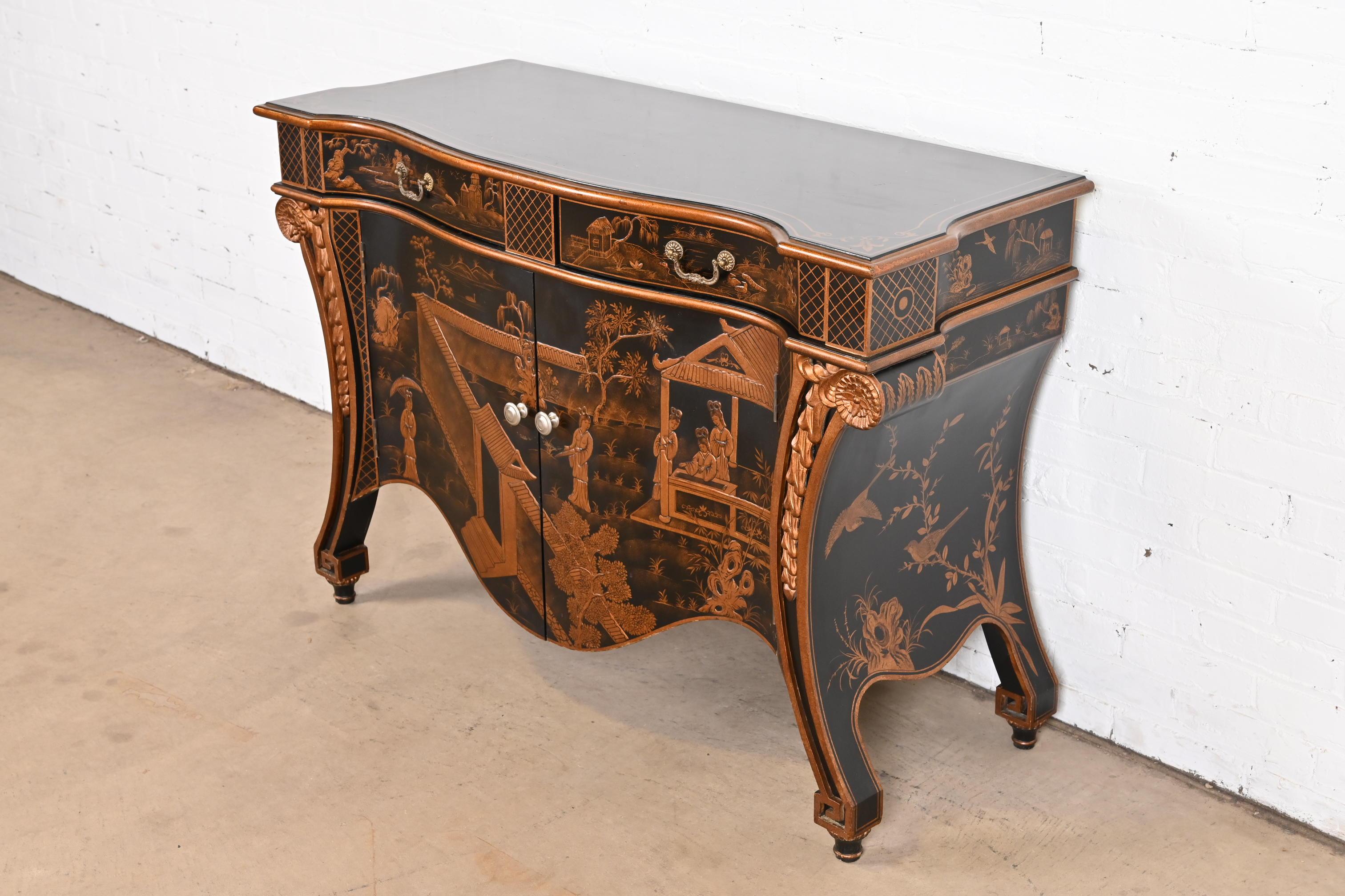Wood Hand Painted Chippendale Chinoiserie Commode in Black Lacquer