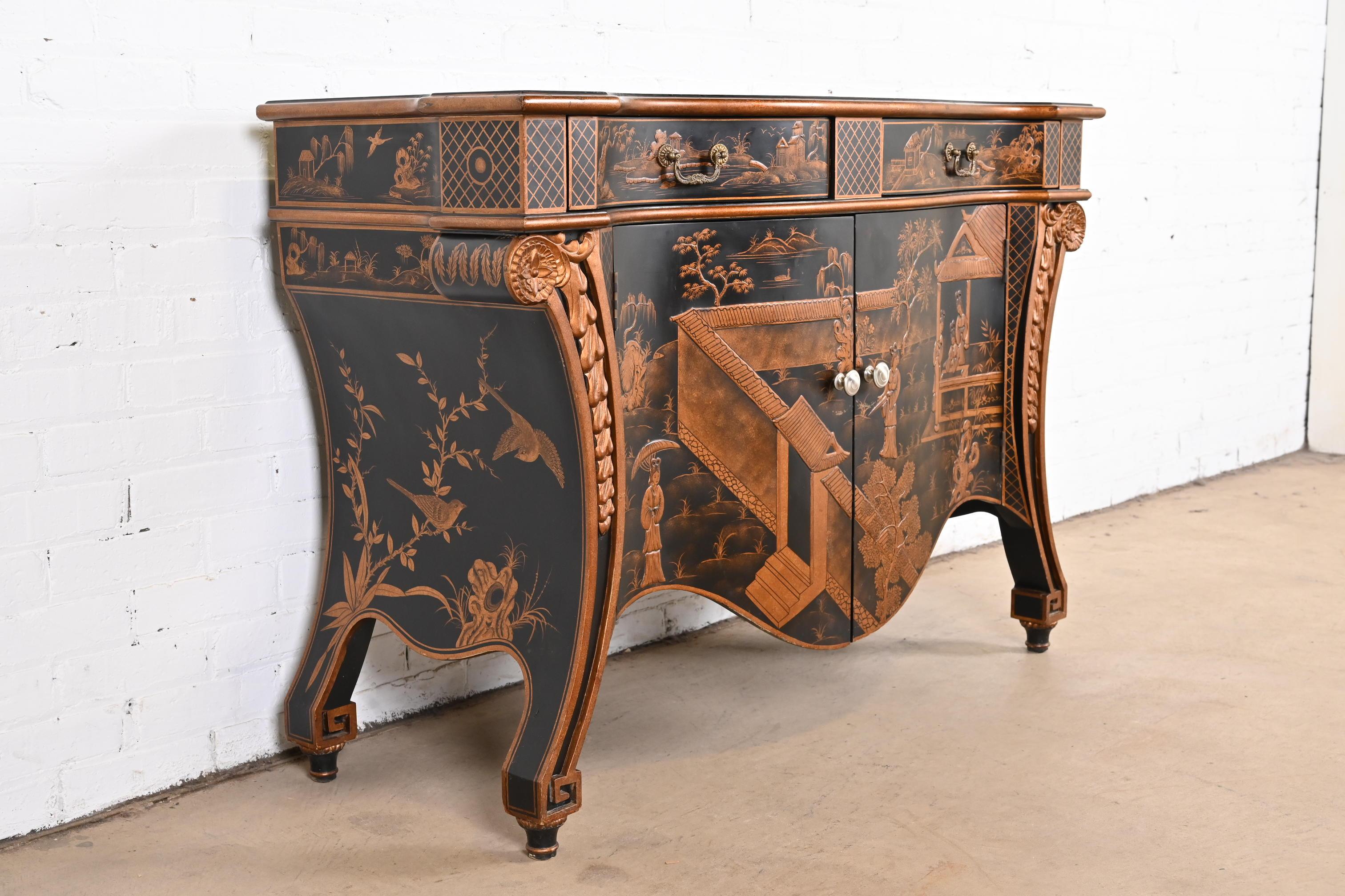 Hand Painted Chippendale Chinoiserie Commode in Black Lacquer 1