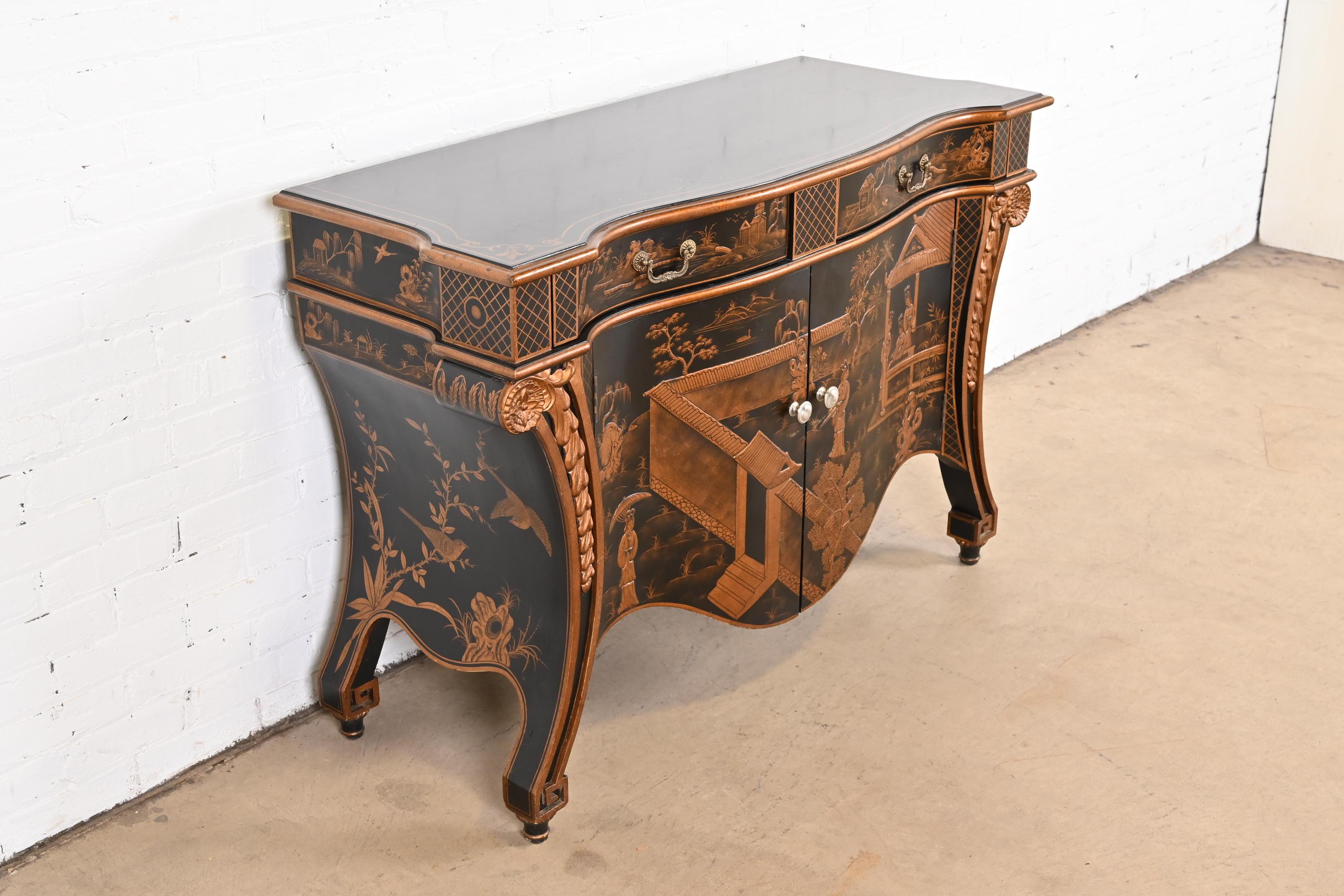 Hand Painted Chippendale Chinoiserie Commode in Black Lacquer 2