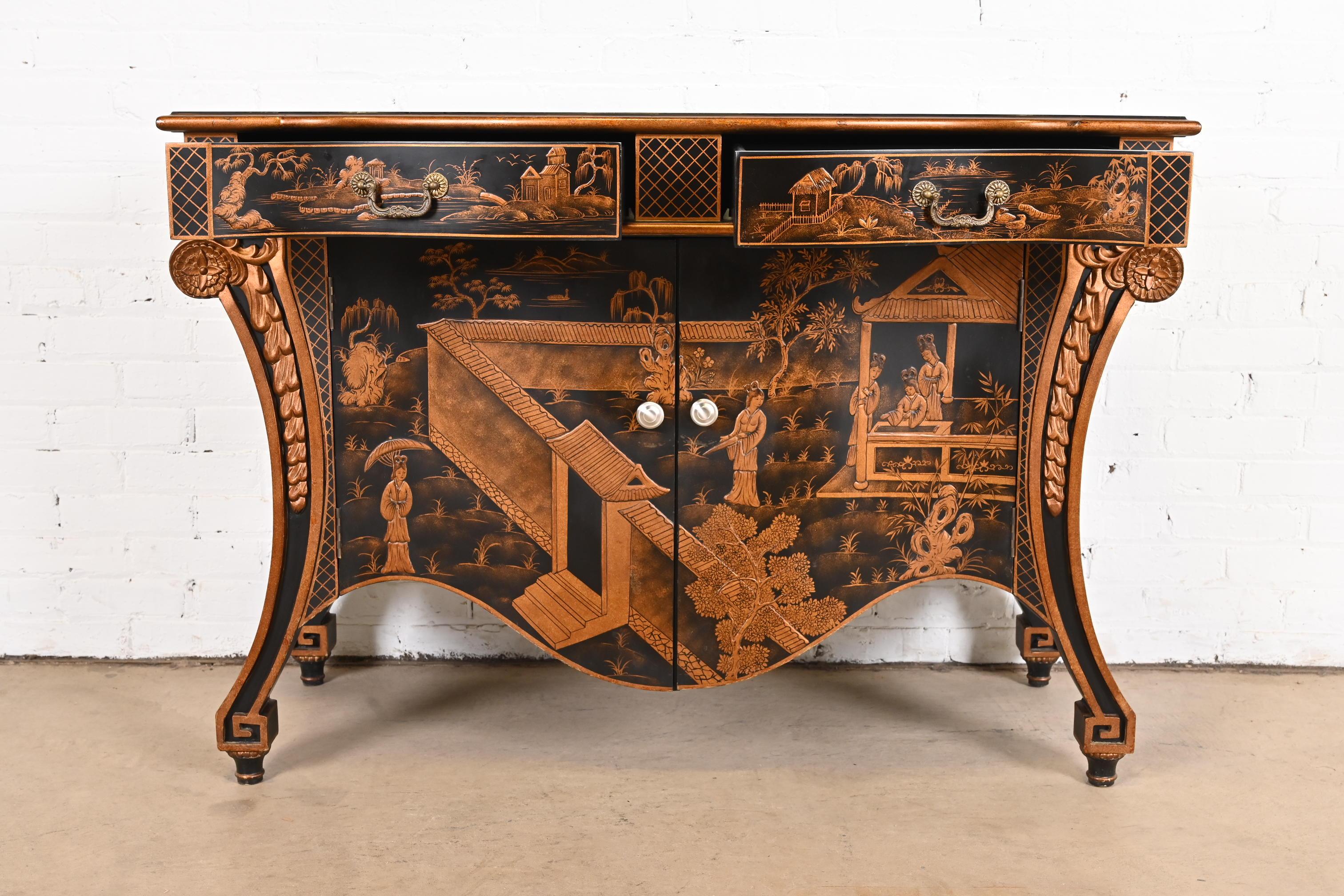 Hand Painted Chippendale Chinoiserie Commode in Black Lacquer 3