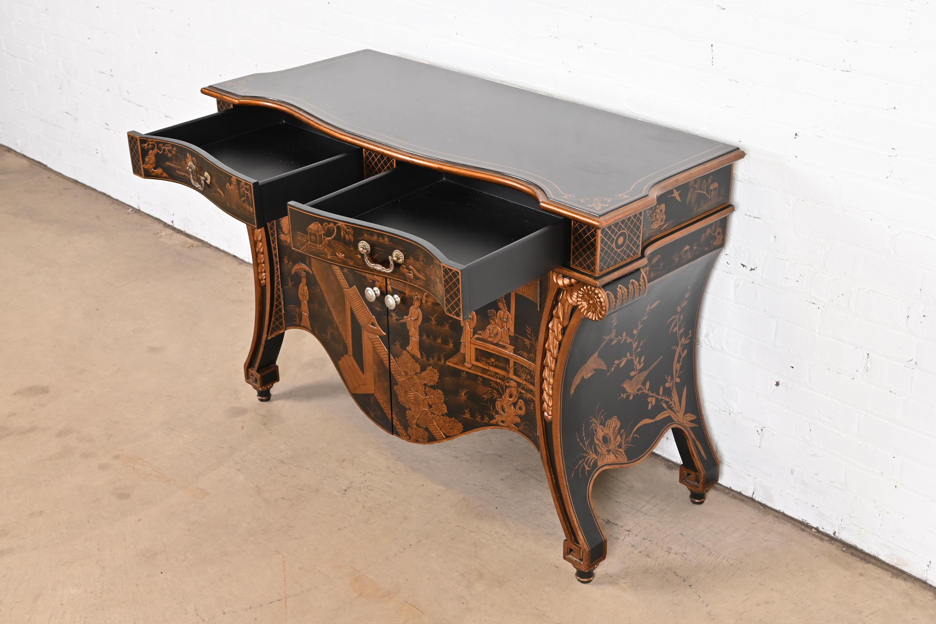 Hand Painted Chippendale Chinoiserie Commode in Black Lacquer 4