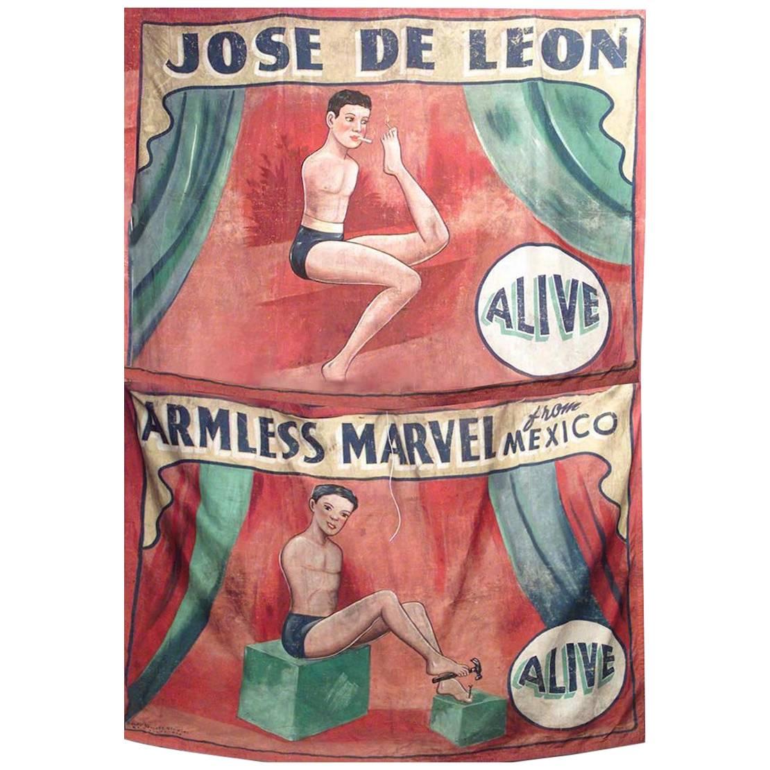 Hand Painted Circus Banner of Armless Wonder