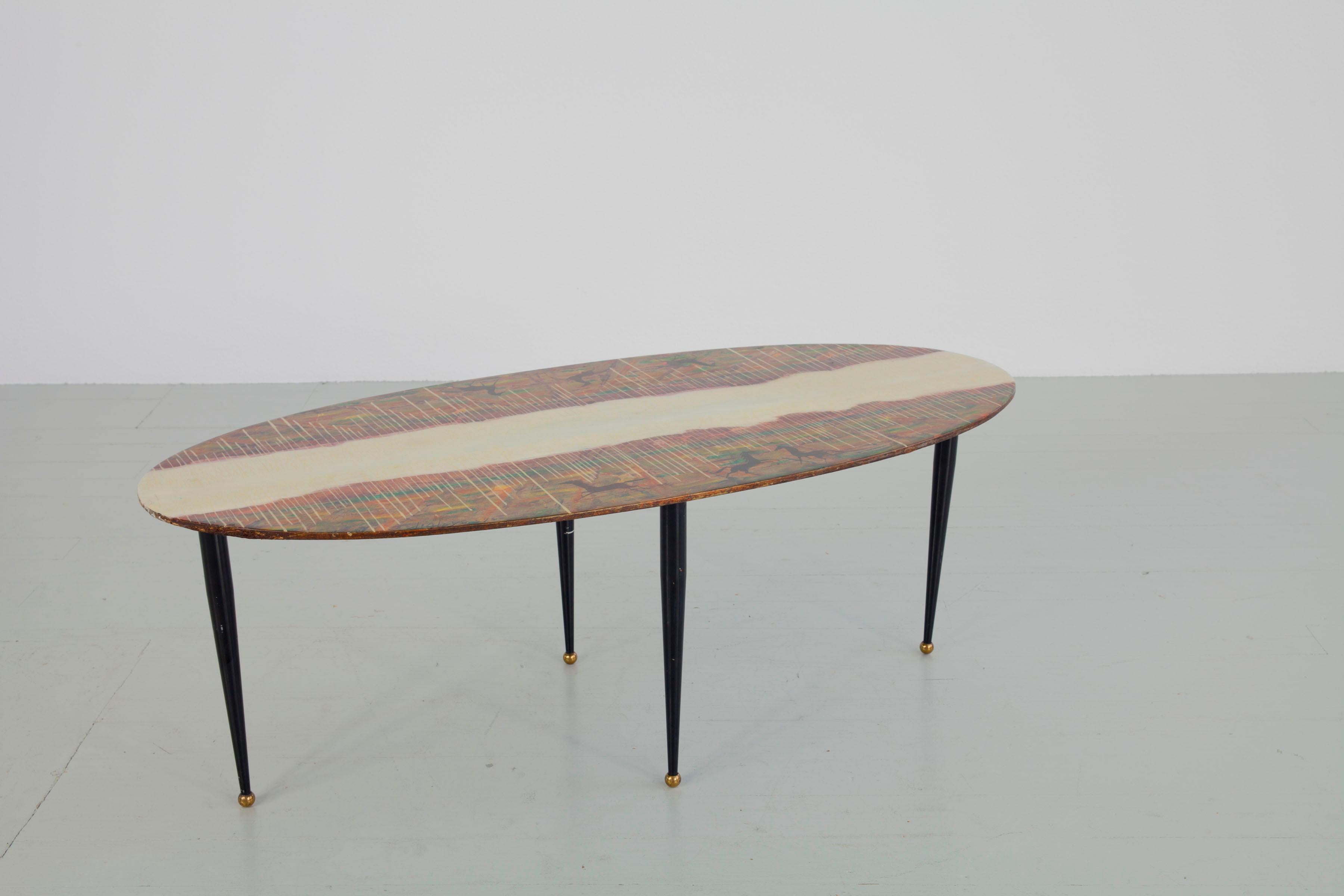 Blackened Decalage Italian Hand-Painted Coffee Table with hand-painted wooden plate, 1950