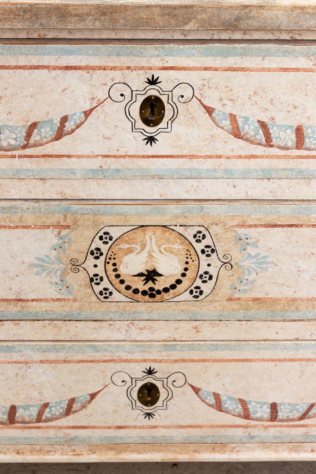 Circa 20th century Nierman Weeks hand painted commode or chest of drawers on turned legs in the Louis XVI style, a classic adaptation of an 18th century Italian commode. Hand painted with exquisitely ornate detail on the drawer fronts and sides with