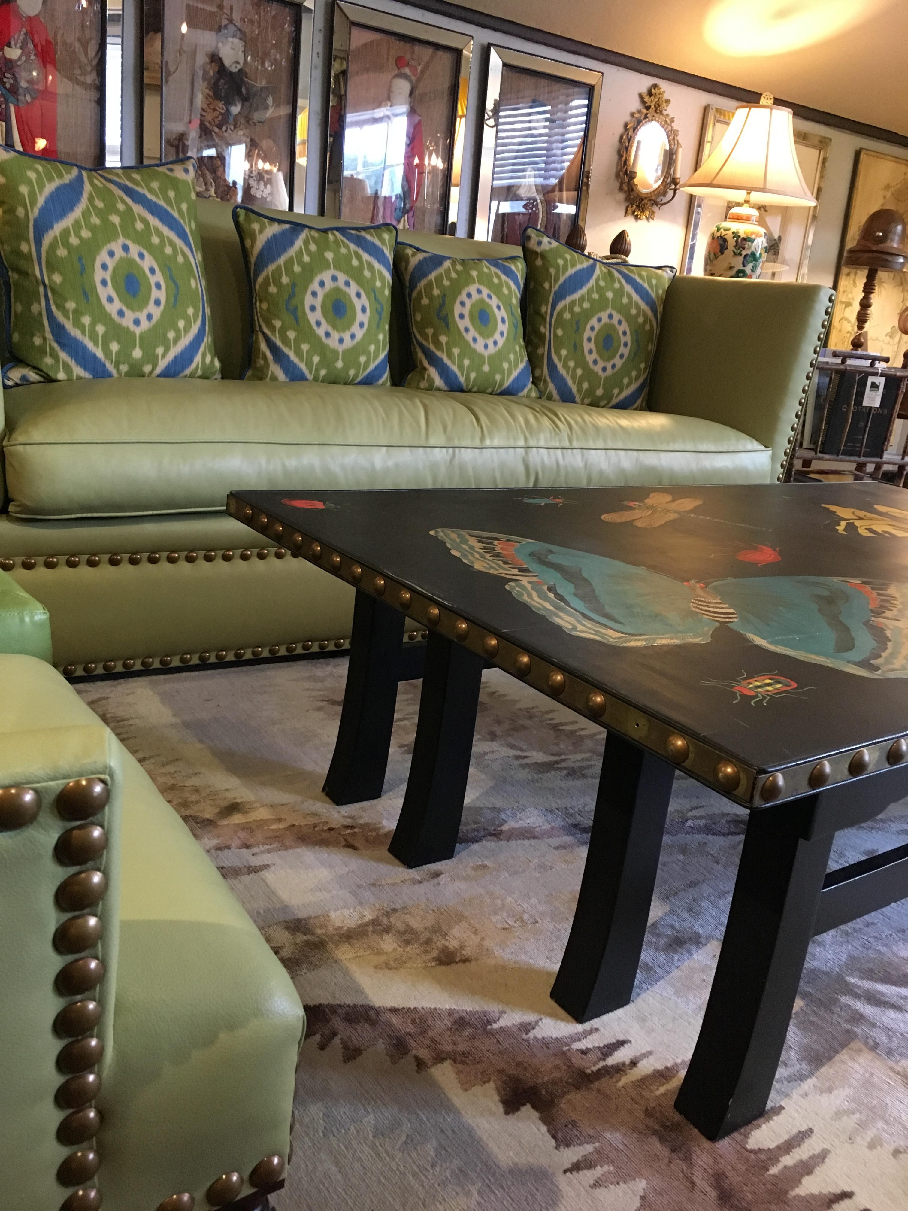 Hand Painted Contemporary Rectangular Coffee Table with Insects and Butterflies 4