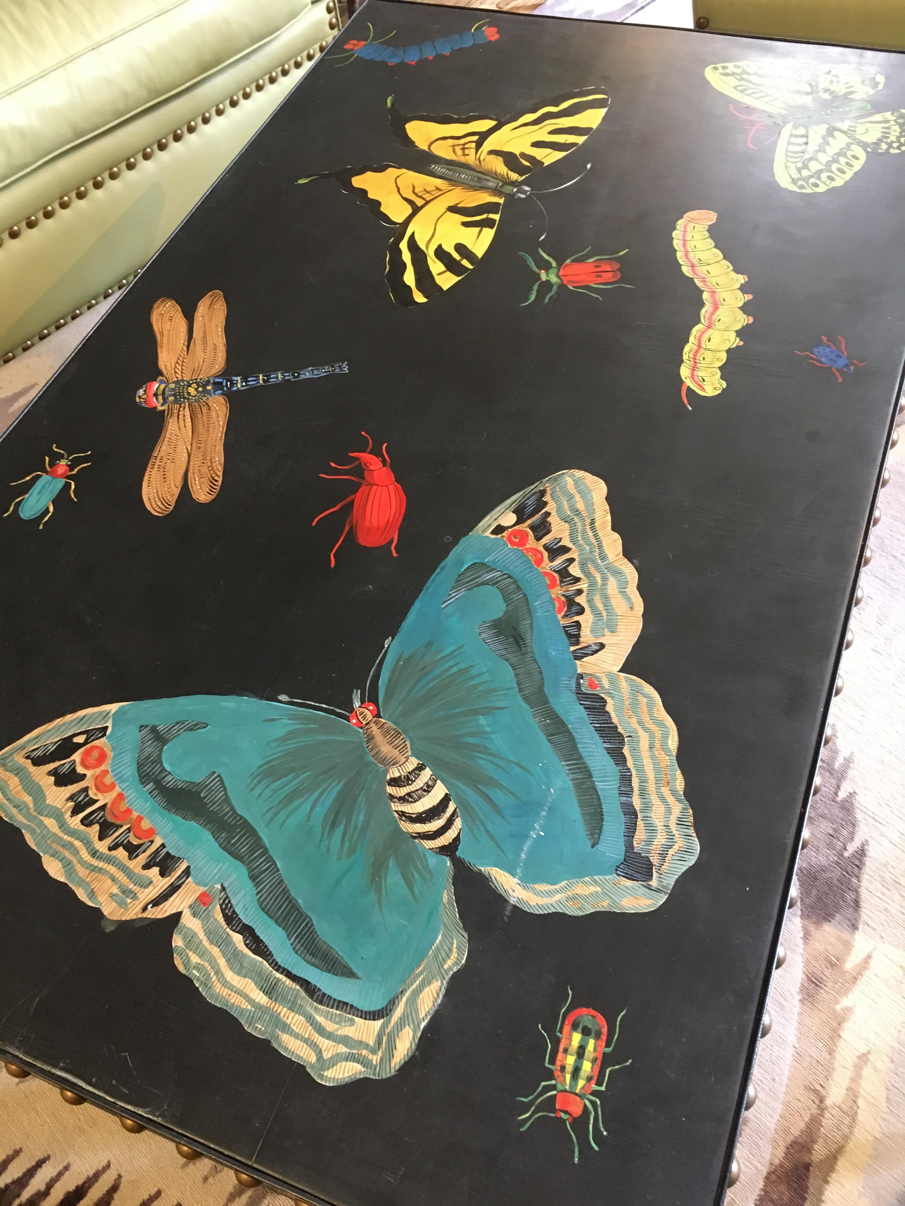 American Hand Painted Contemporary Rectangular Coffee Table with Insects and Butterflies