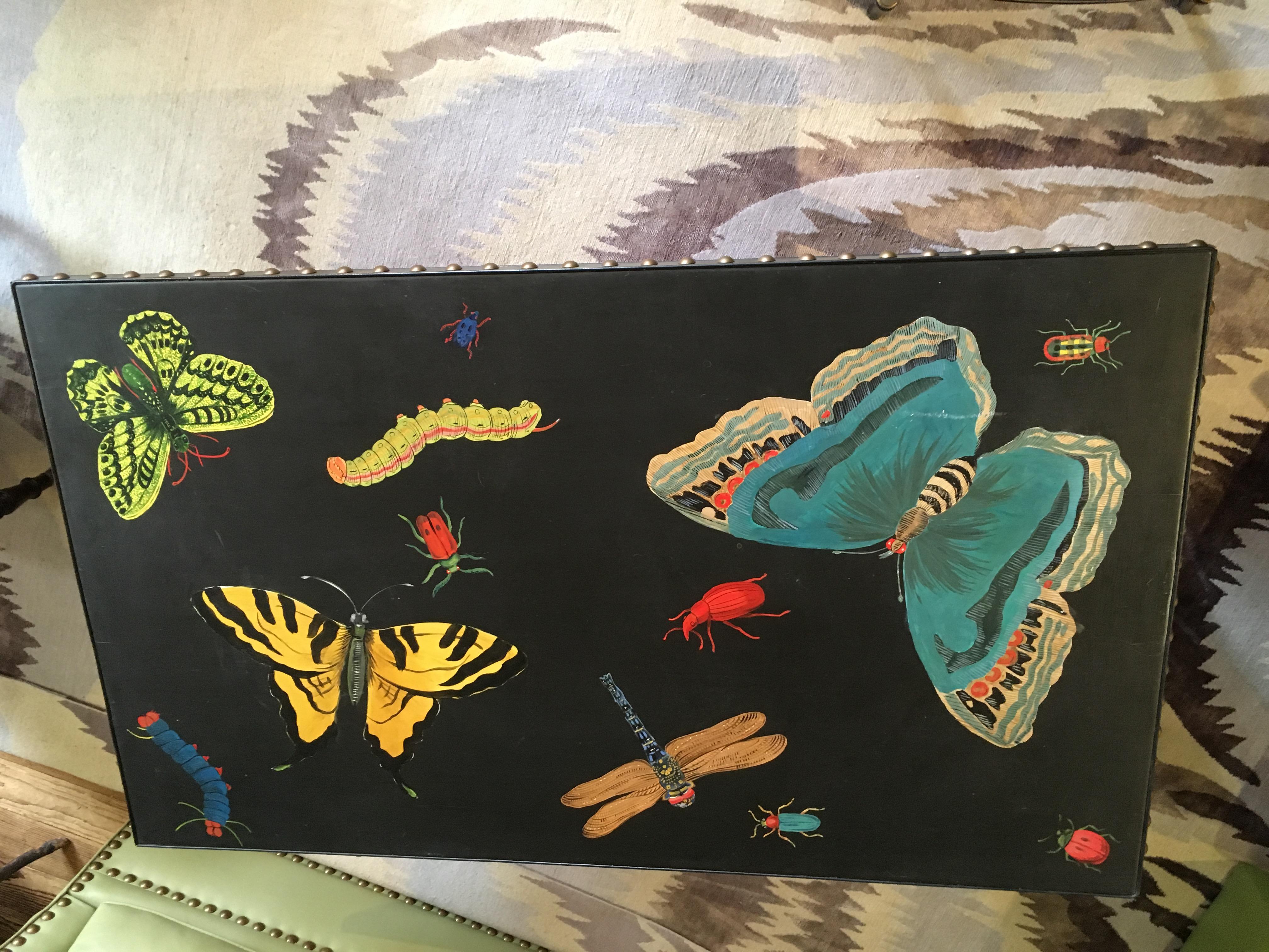 Hand Painted Contemporary Rectangular Coffee Table with Insects and Butterflies In Excellent Condition In Hopewell, NJ