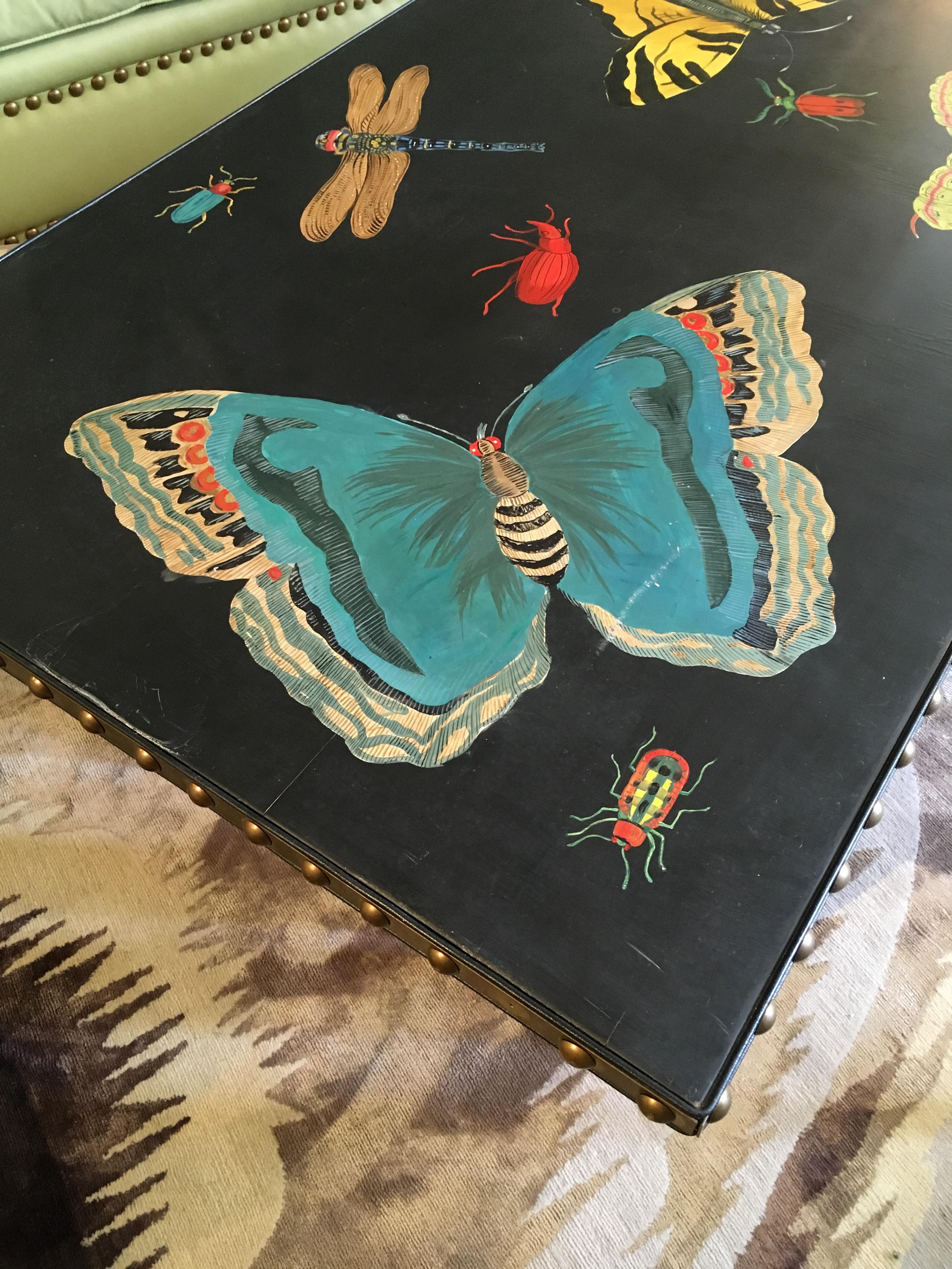 Late 20th Century Hand Painted Contemporary Rectangular Coffee Table with Insects and Butterflies