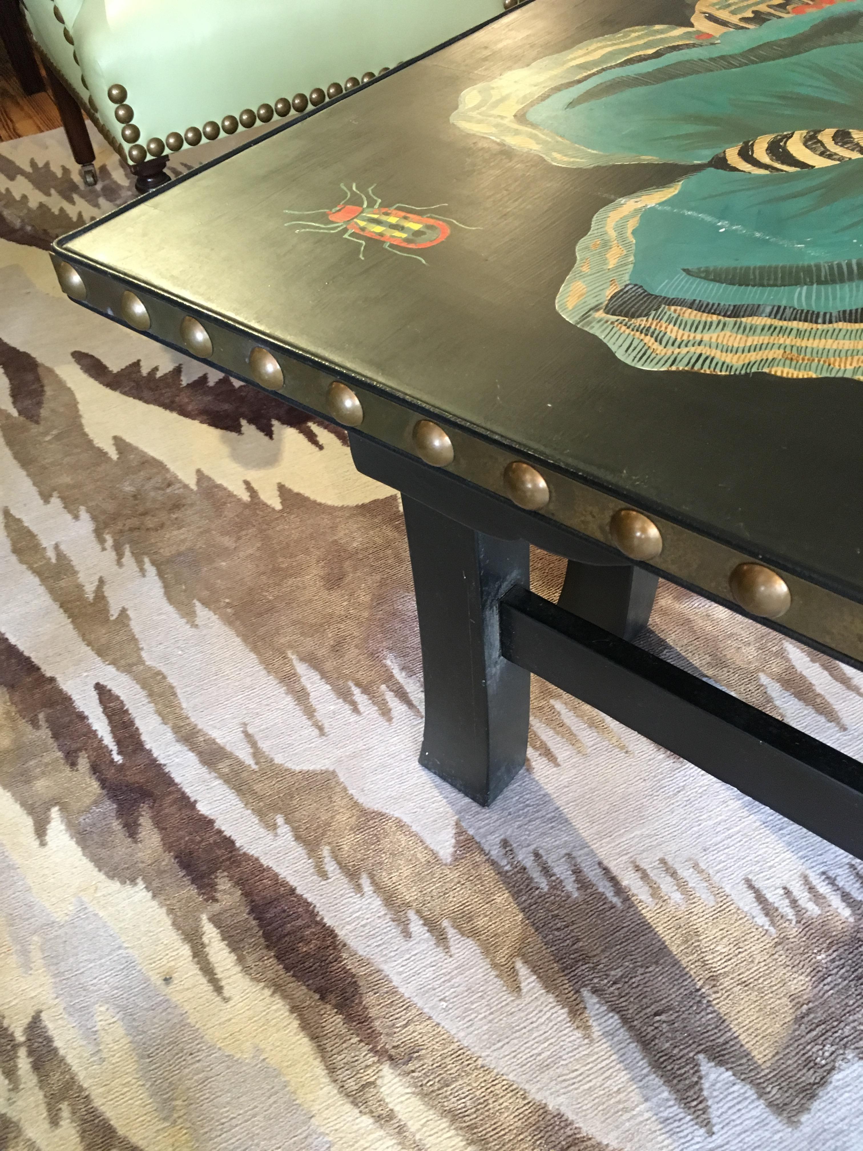 Wood Hand Painted Contemporary Rectangular Coffee Table with Insects and Butterflies