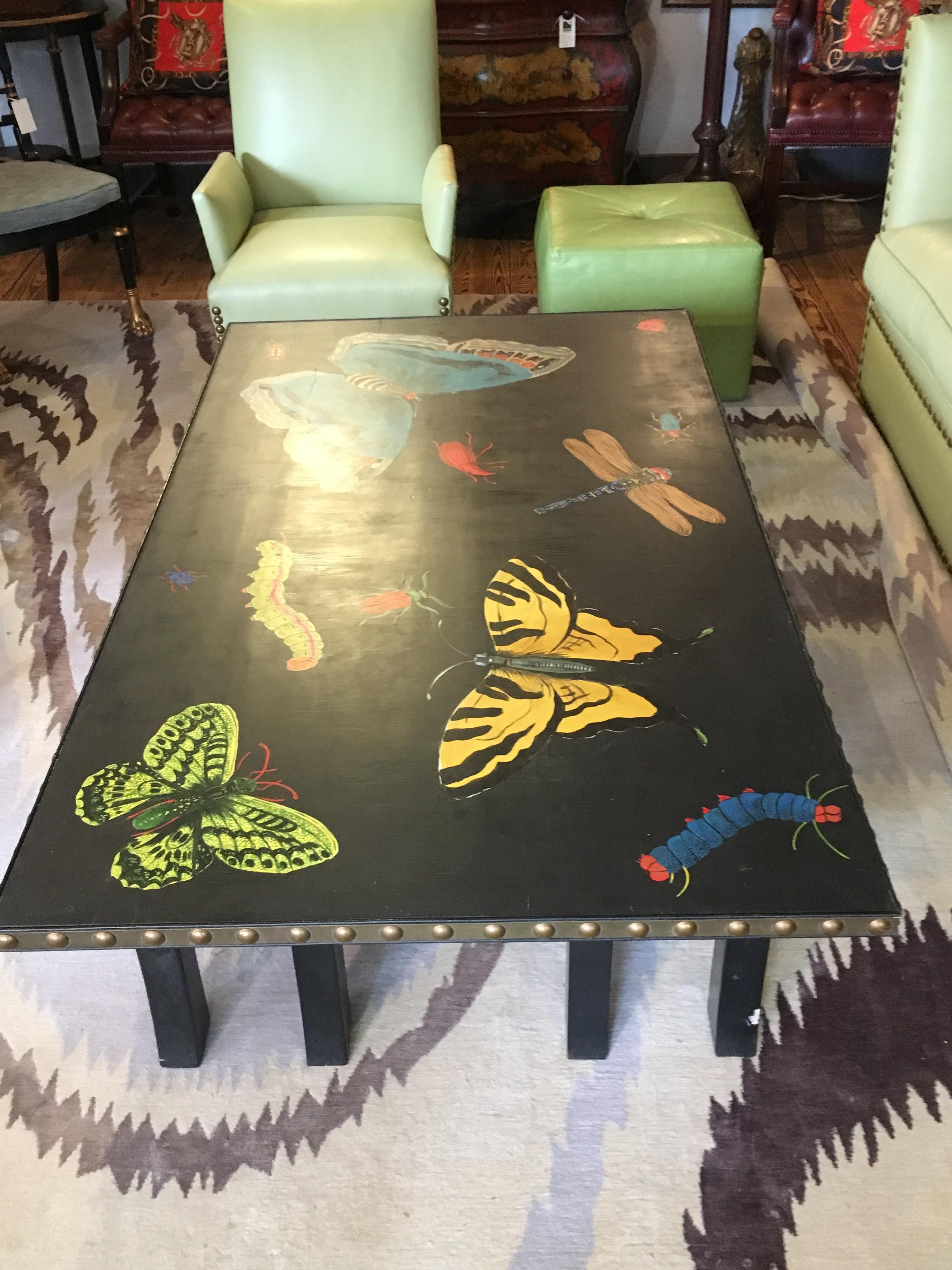 Hand Painted Contemporary Rectangular Coffee Table with Insects and Butterflies 1