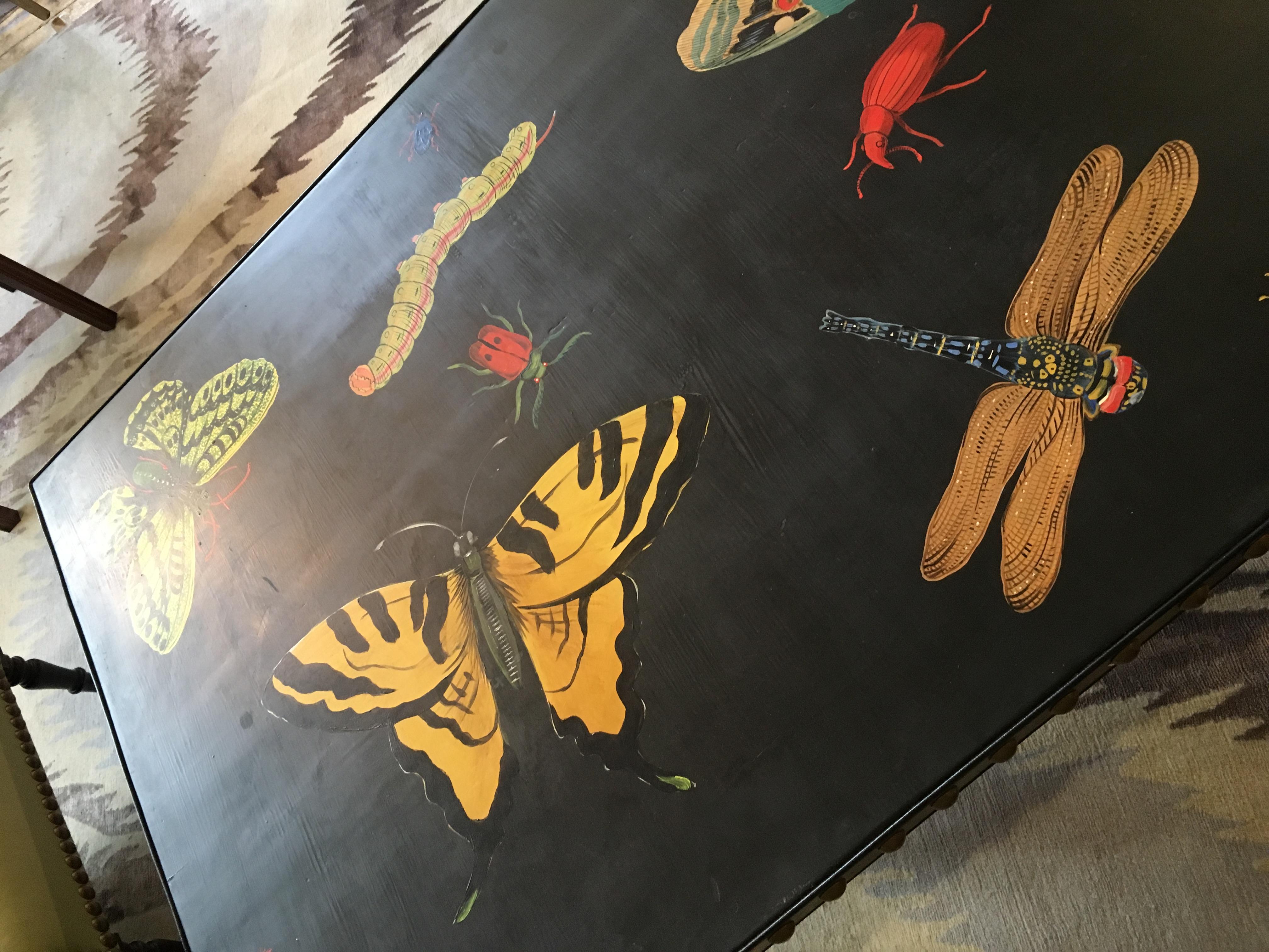 Hand Painted Contemporary Rectangular Coffee Table with Insects and Butterflies 2